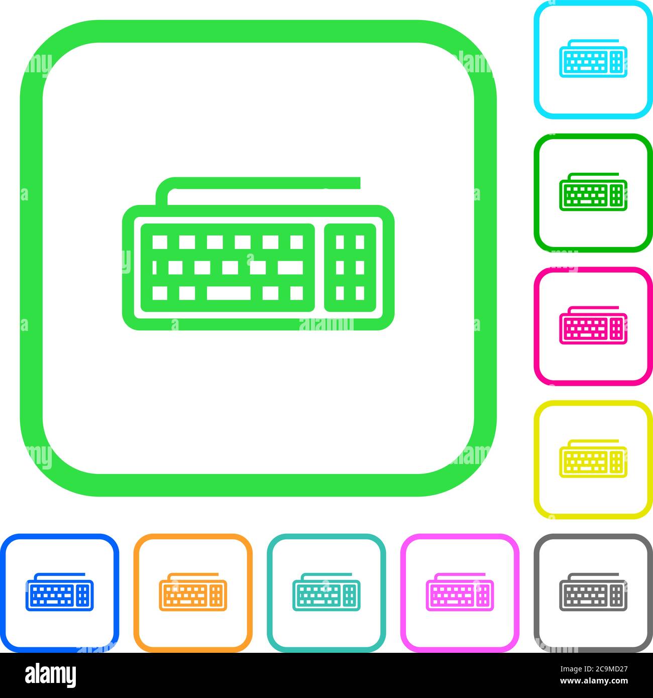Computer keyboard vivid colored flat icons in curved borders on white