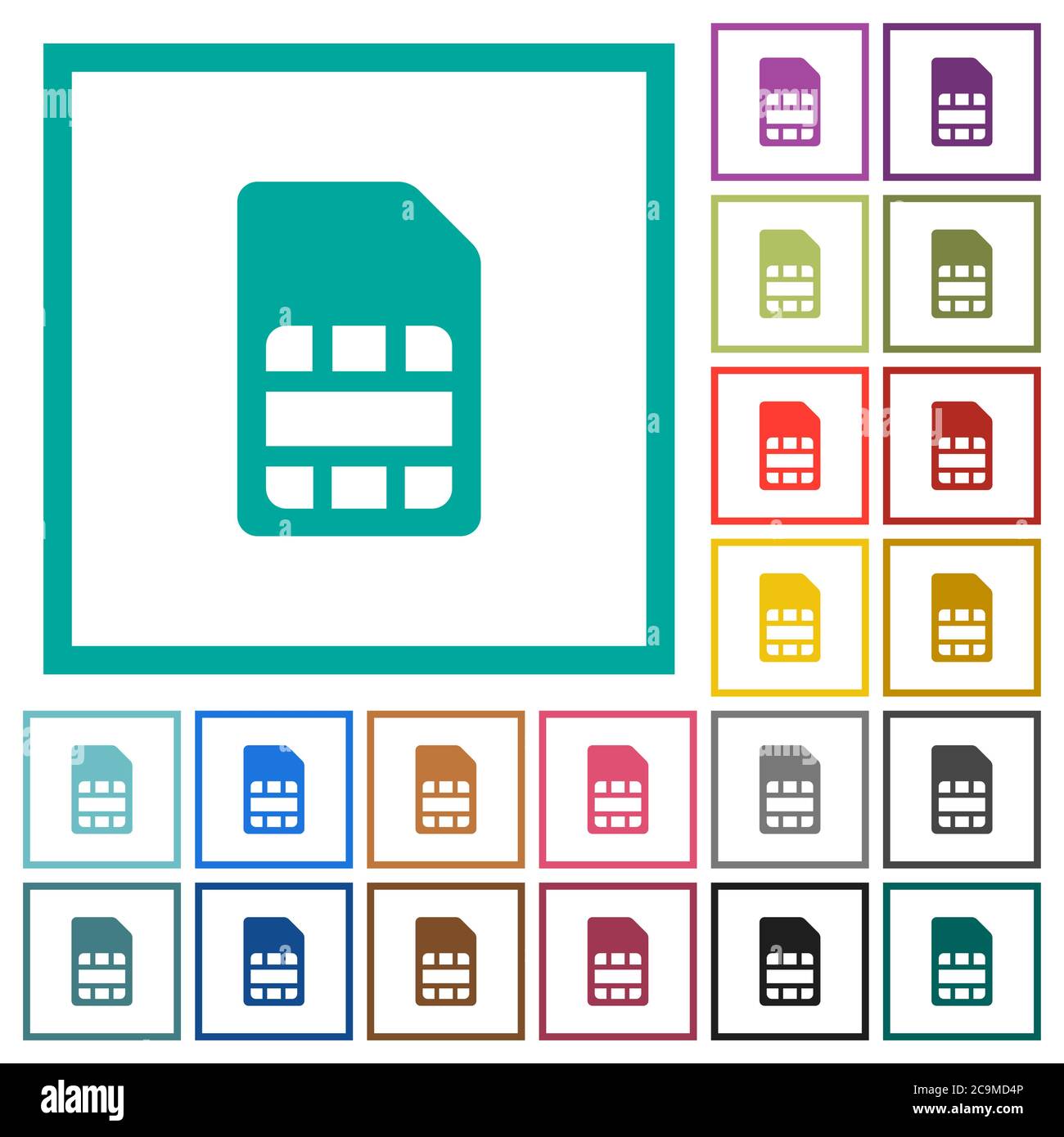 SIM card flat color icons with quadrant frames on white background ...