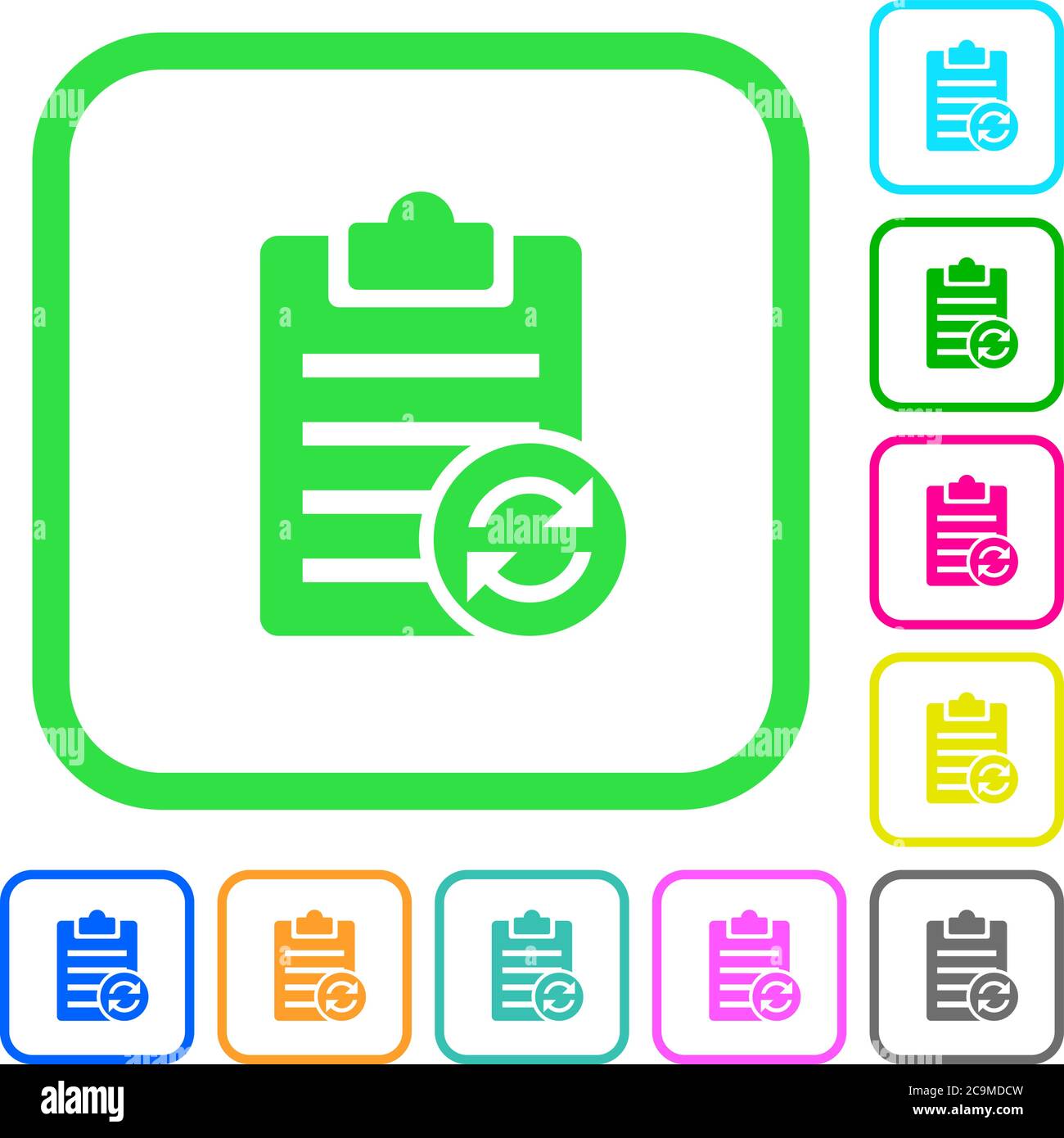 Syncronize note vivid colored flat icons in curved borders on white background Stock Vector