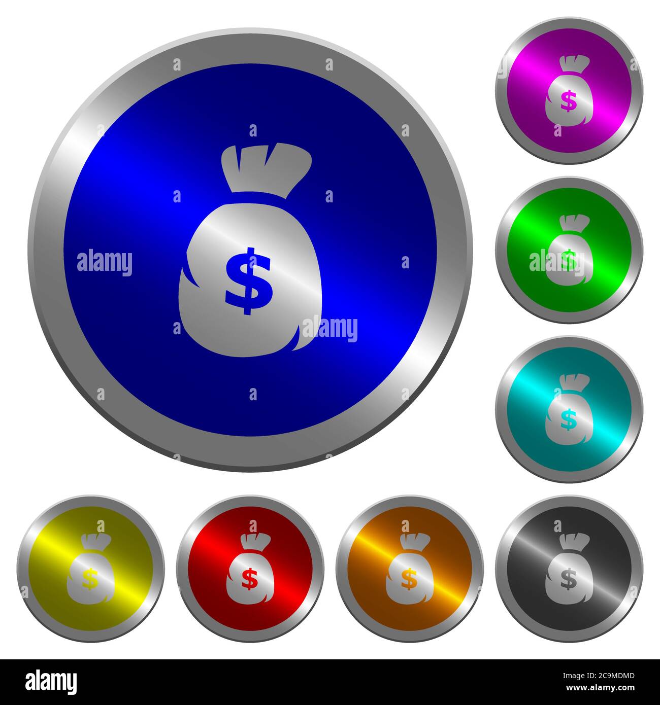 Dollar money bag icons on round luminous coin-like color steel buttons ...
