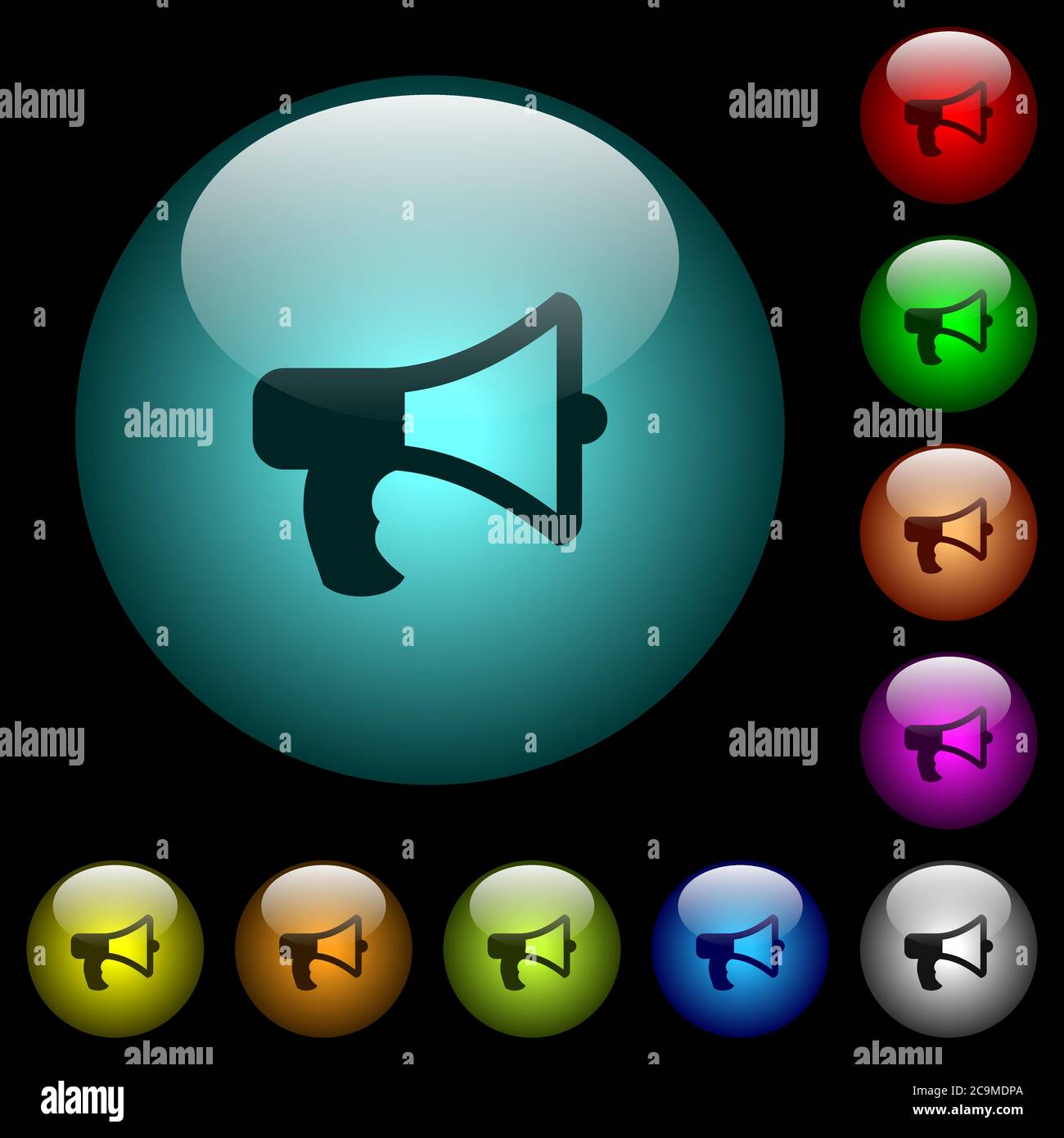 Megaphone icons in color illuminated spherical glass buttons on black ...