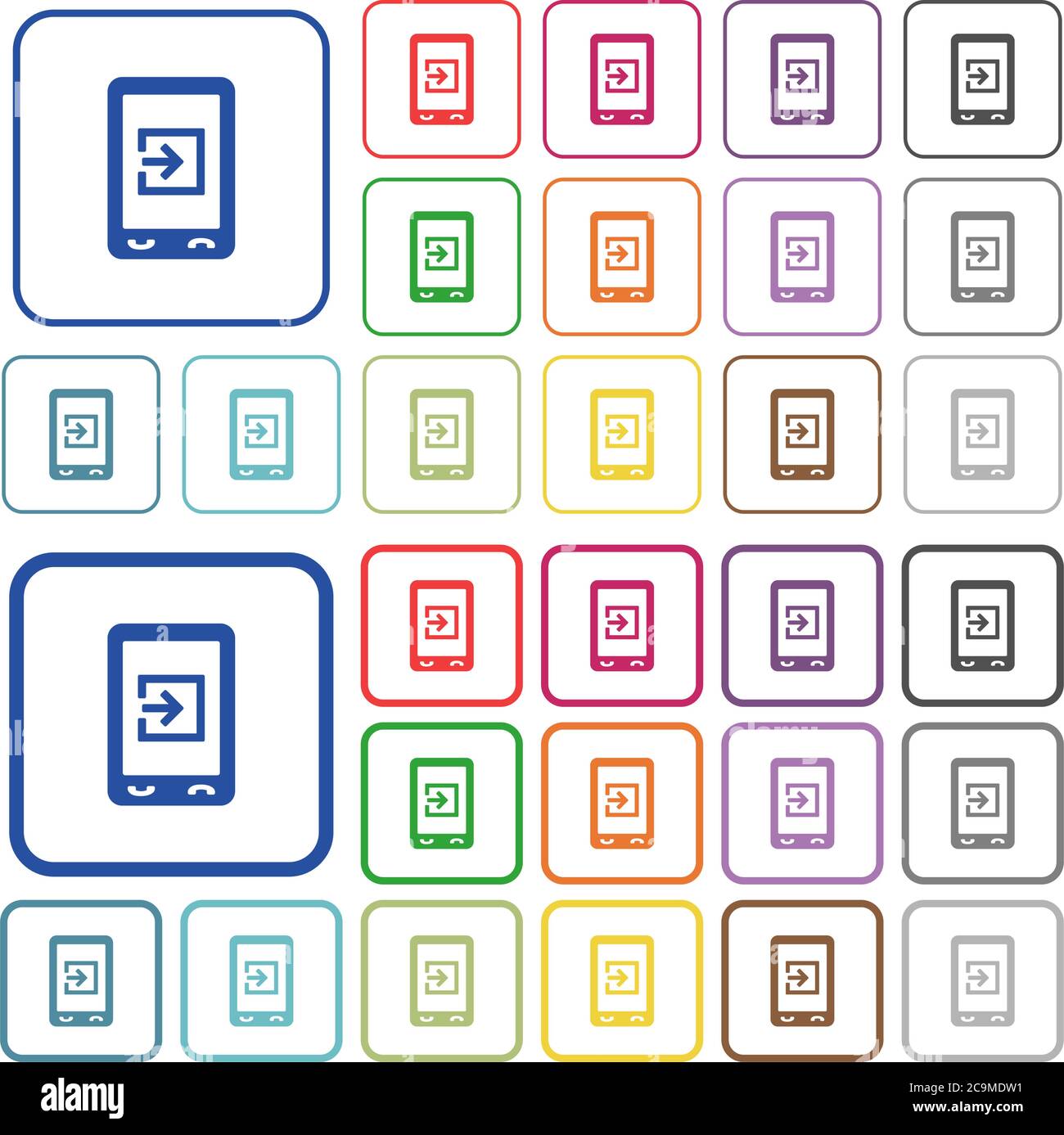 Mobile import data color flat icons in rounded square frames. Thin and thick versions included. Stock Vector