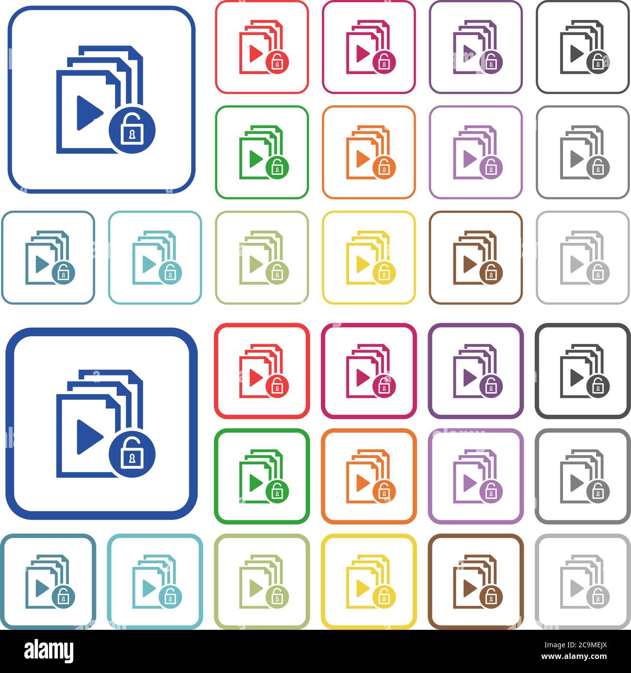 Unlock playlist color flat icons in rounded square frames. Thin and thick versions included. Stock Vector