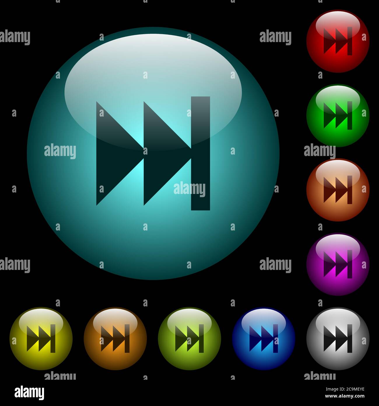 Media fast forward icons in color illuminated spherical glass buttons ...