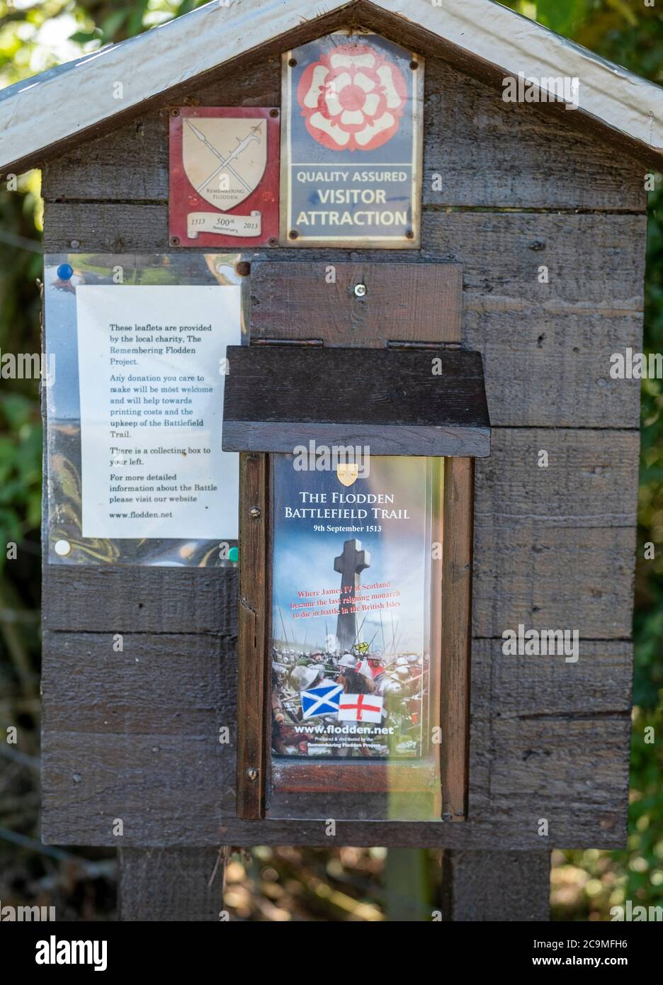 Honesty box for donations to help preserve the Battle of Flodden battle site at Branxton Hill, Northumberland. Stock Photo