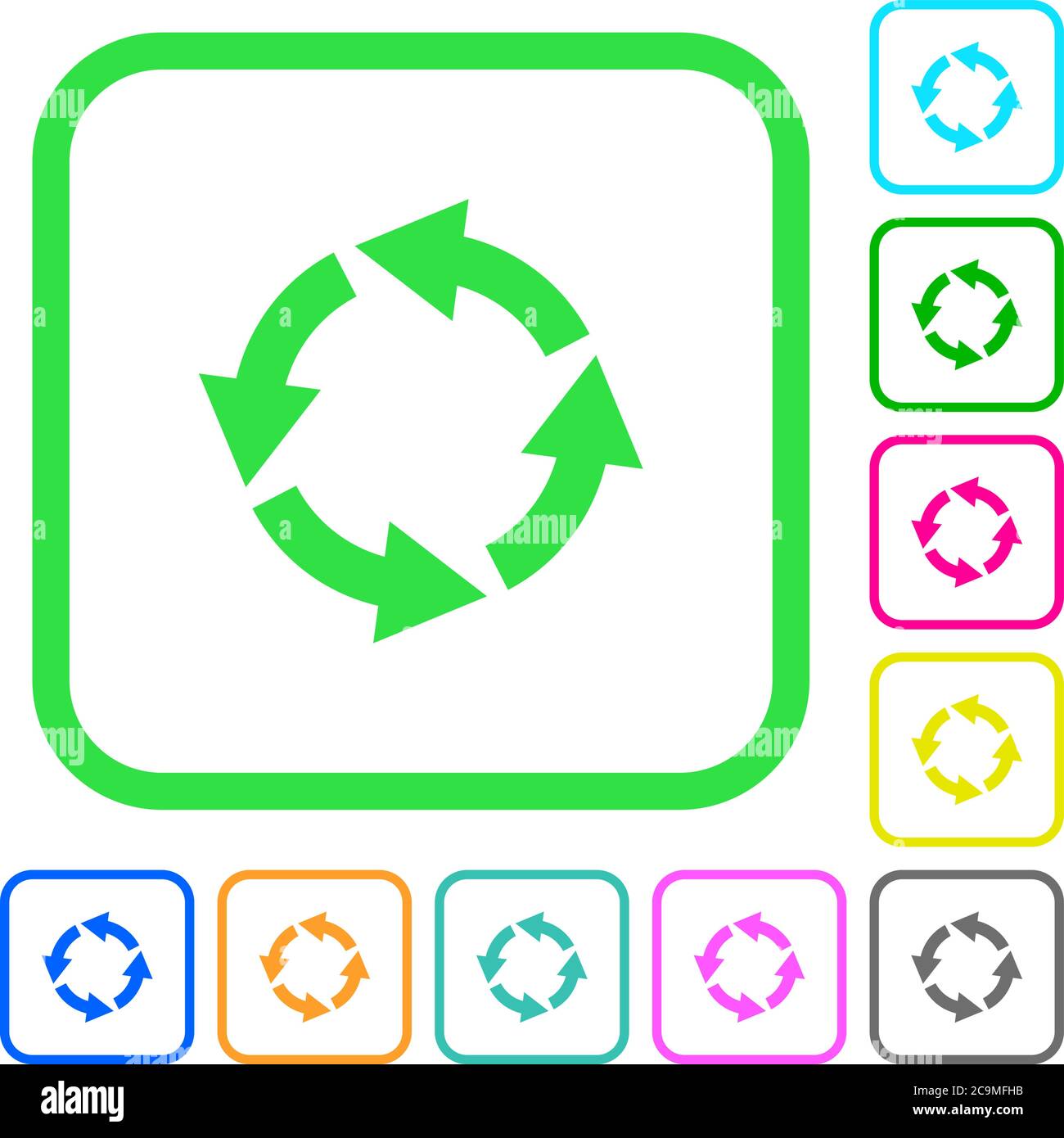 Rotate left vivid colored flat icons in curved borders on white ...