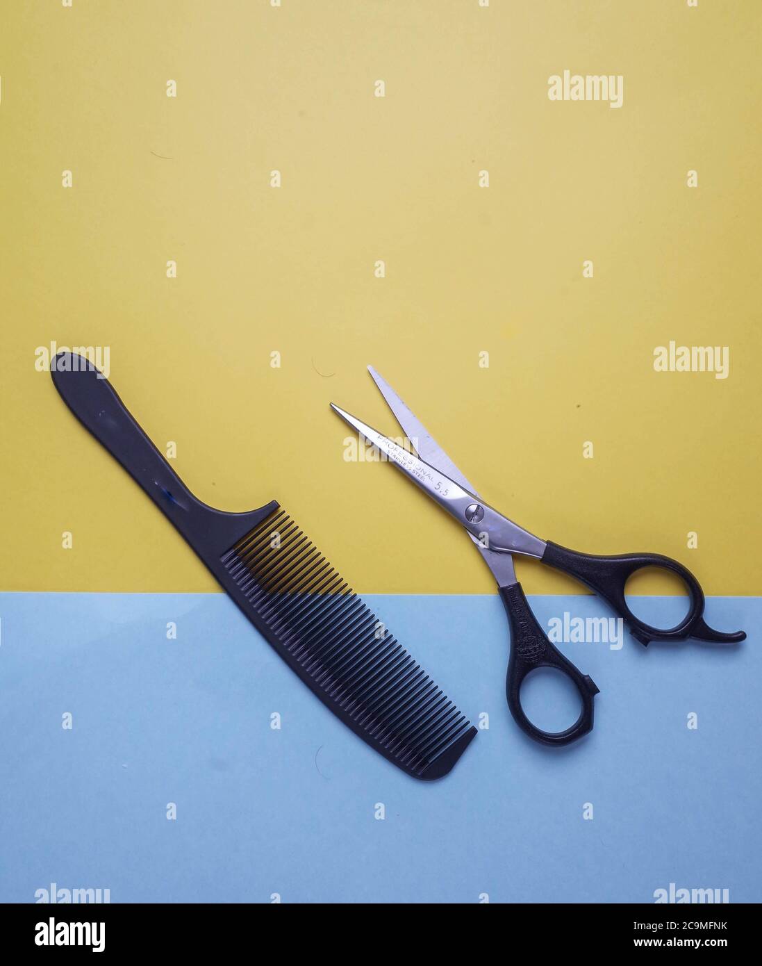 flat lay of scissors and comb on colored paper Stock Photo