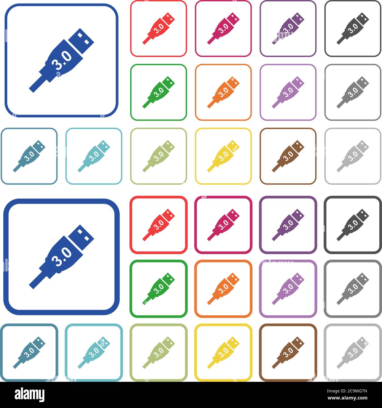 High speed USB color flat icons in rounded square frames. Thin and thick versions included. Stock Vector