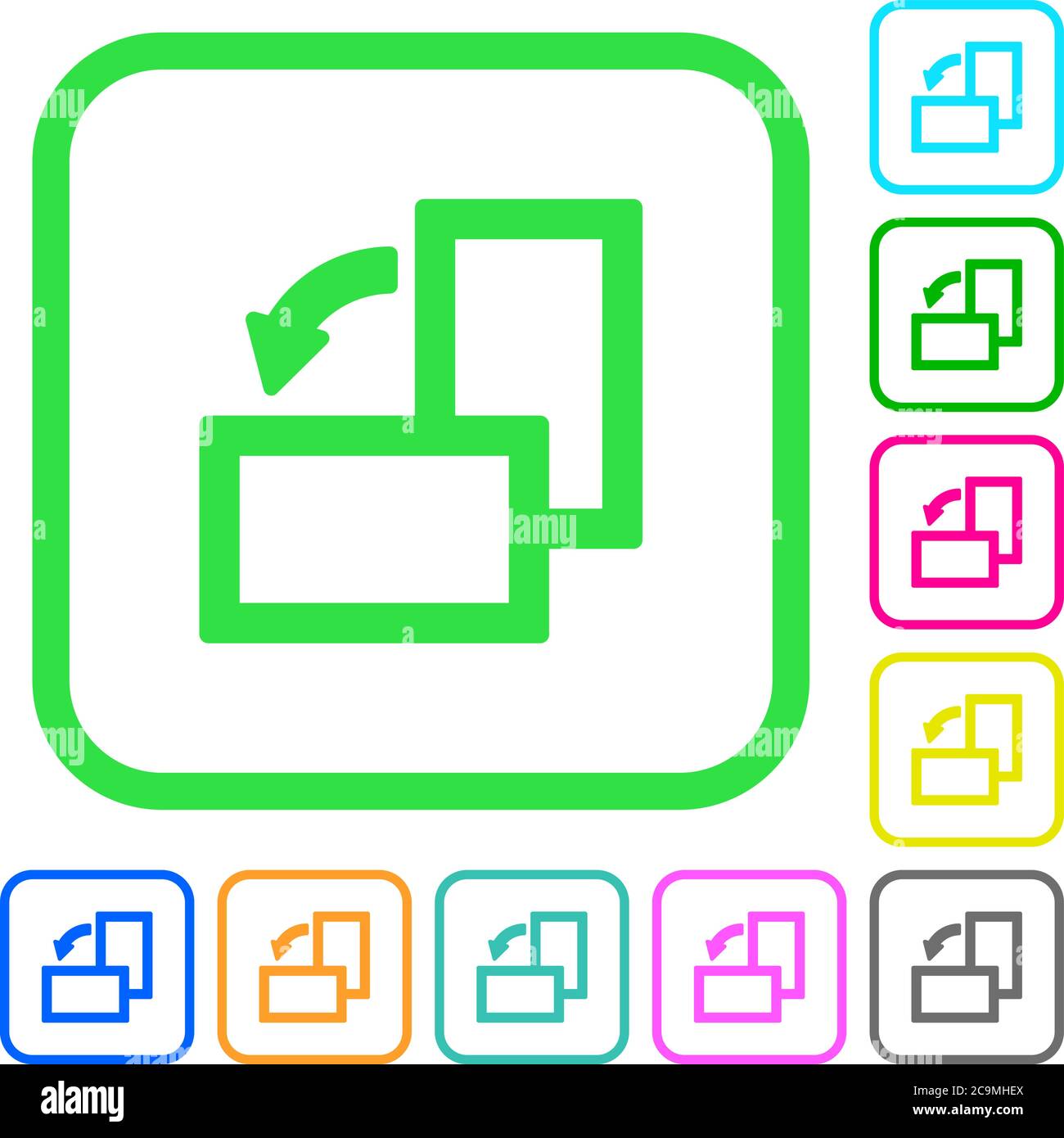 Rotate left vivid colored flat icons in curved borders on white ...