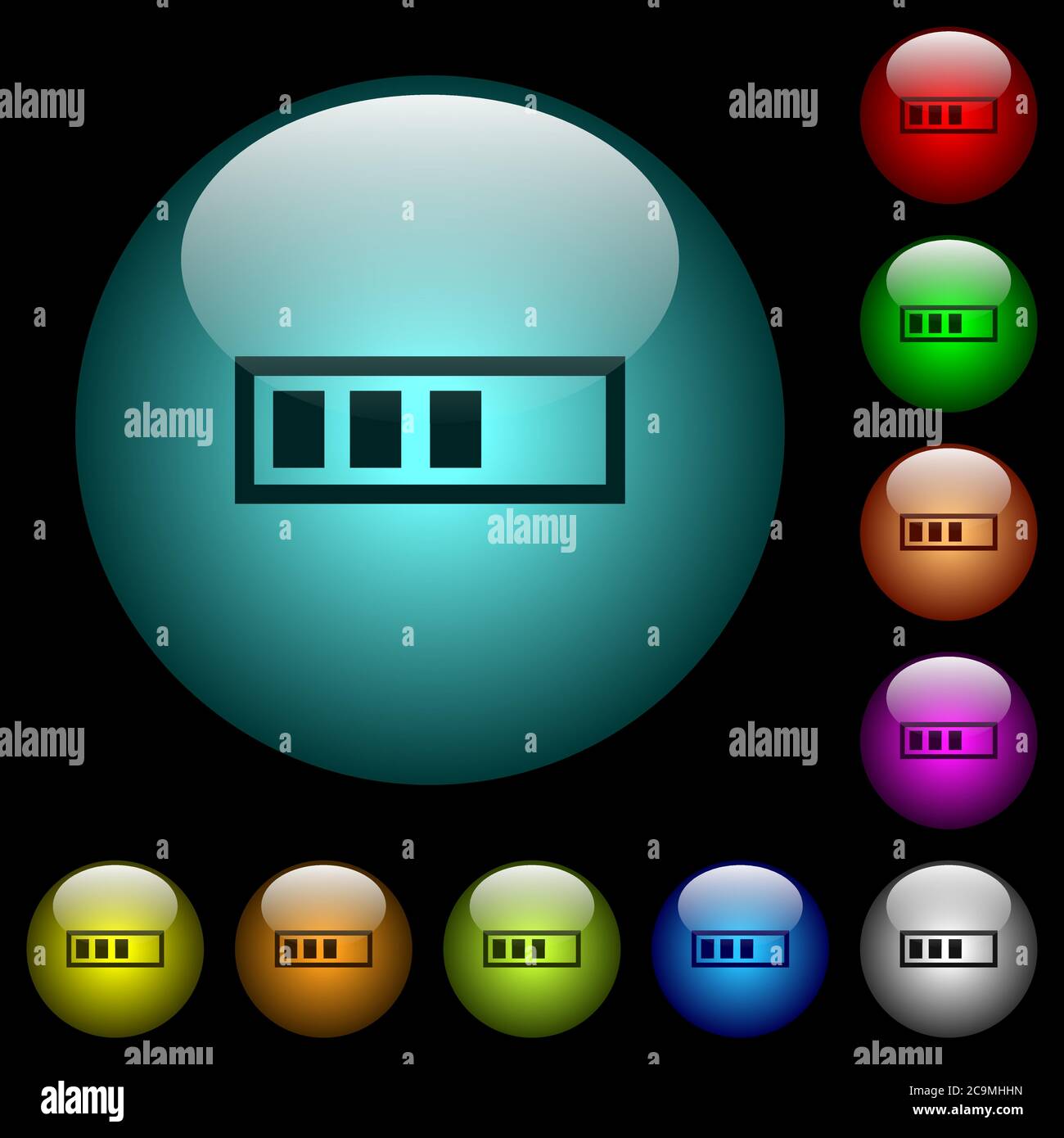 Progressbar icons in color illuminated spherical glass buttons on black ...