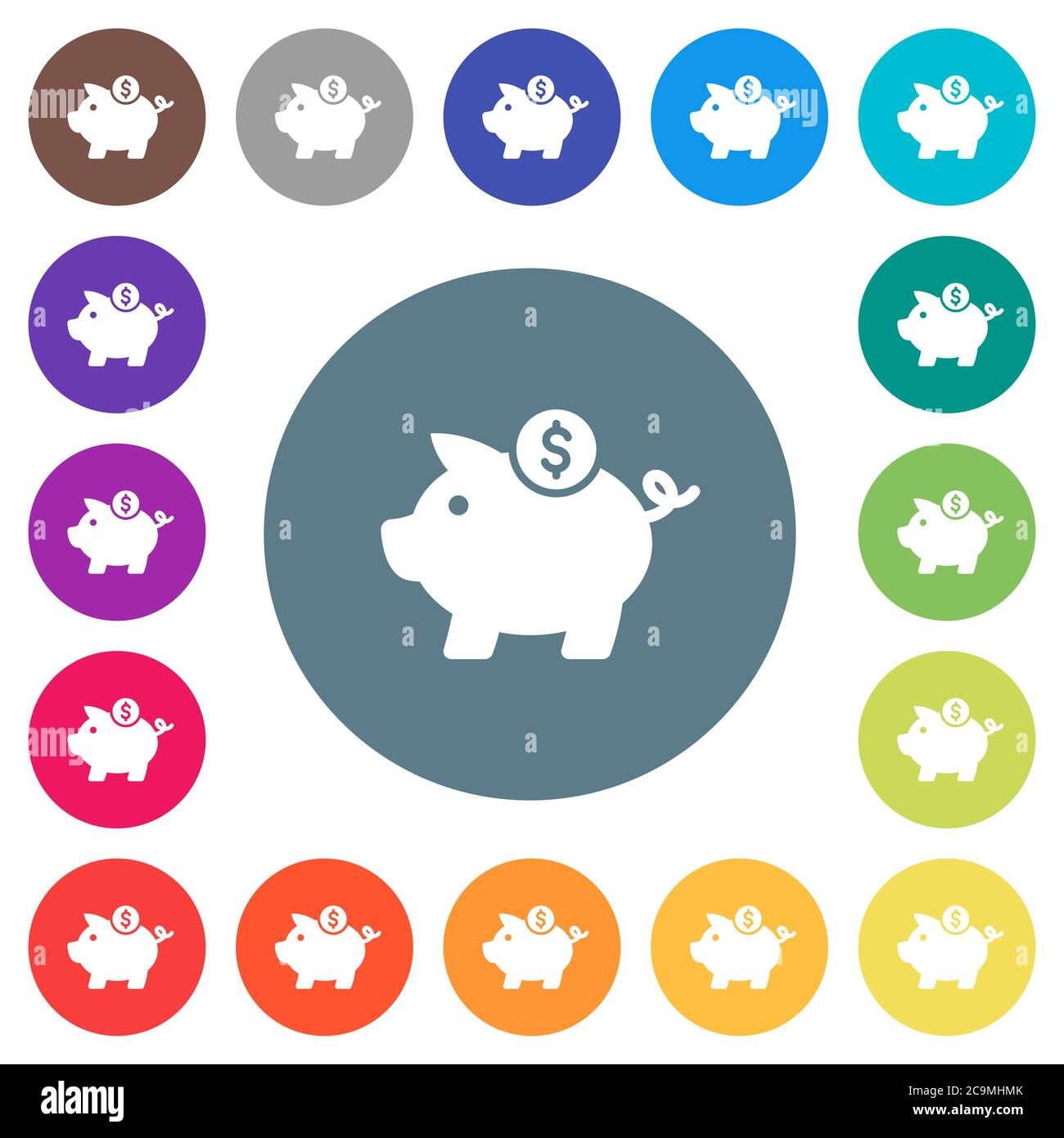 Dollar piggy bank flat white icons on round color backgrounds. 17 background color variations are included. Stock Vector