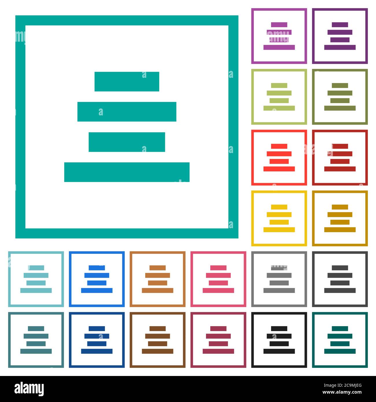 Text align center flat color icons with quadrant frames on white