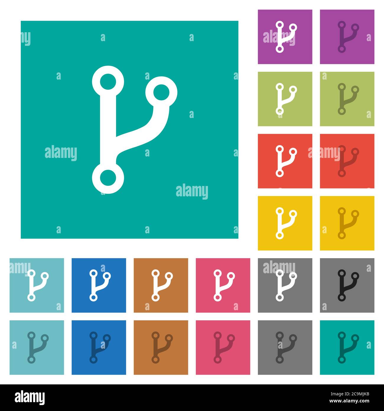 Code fork multi colored flat icons on plain square backgrounds. Included white and darker icon variations for hover or active effects. Stock Vector