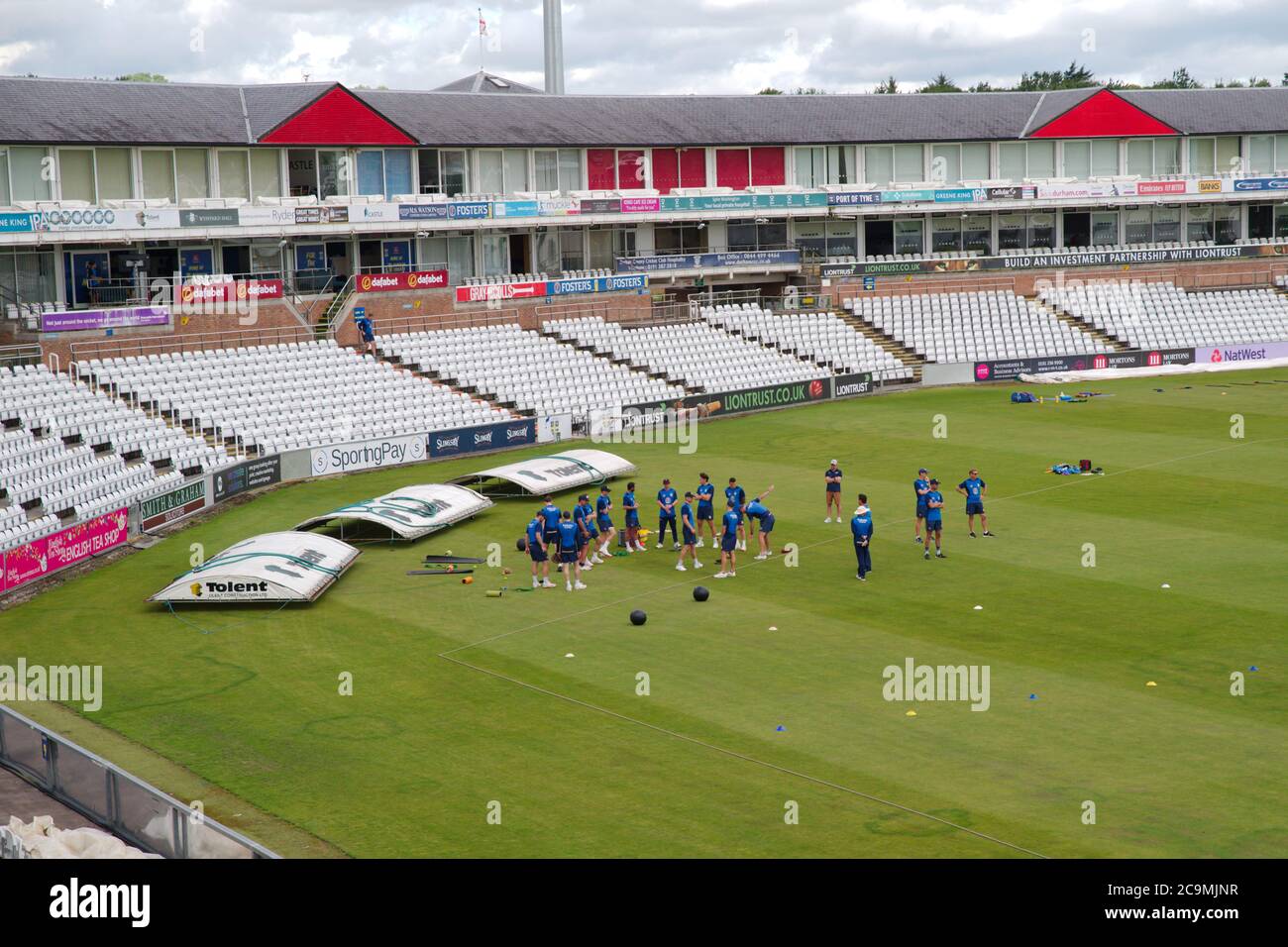 Chester le Street, England, 1 August 2020. Players practicing on the outfield before the first Bob Willis Trophy match between Durham and Yorkshire. Credit: Colin Edwards/Alamy Live News. Stock Photo