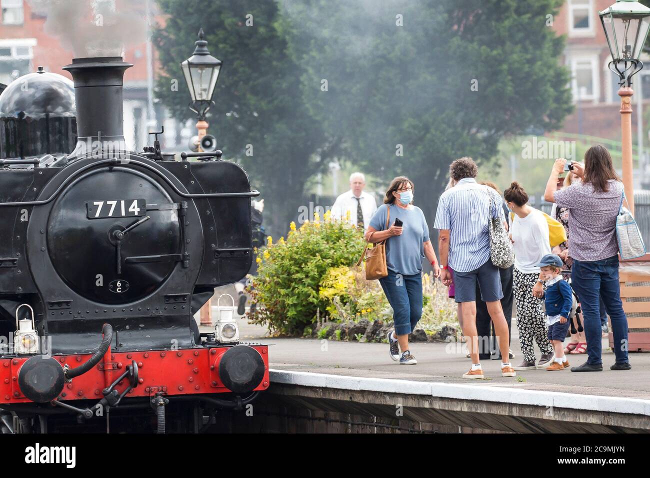 Kidderminster, UK. 1st August, 2020. One of the Midlands' major tourist attractions is back on track today after months of forced closure due to coronavirus lockdown. The first passenger service leaves Kidderminster's Severn Valley Railway station with visitors happy that staff are taking every precaution possible to ensure their safety and enjoyment of this magnificent heritage railway. Credit: Lee Hudson/Alamy Live News Stock Photo