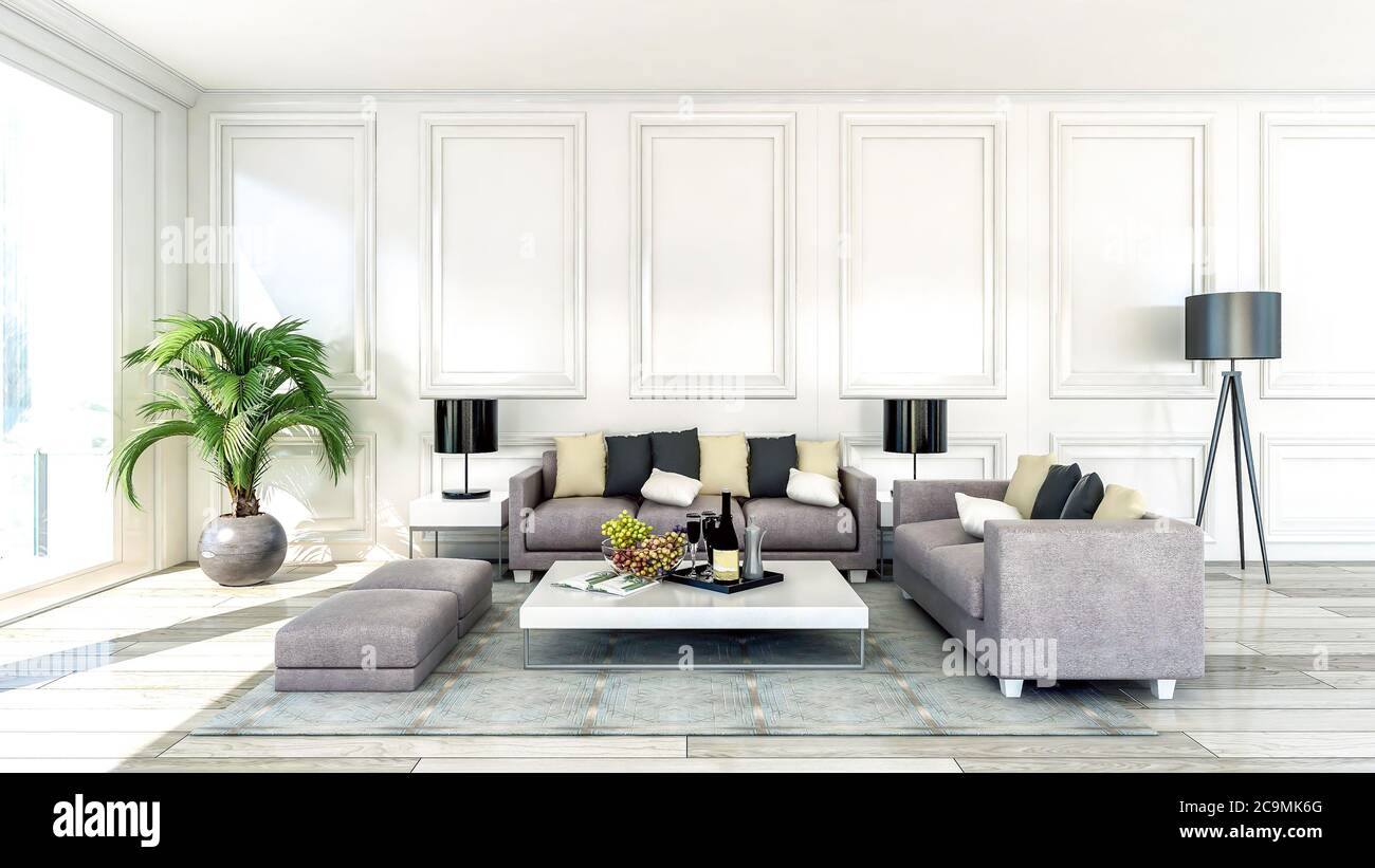 Modern and luxury apartment living room interior with large window, 3D
