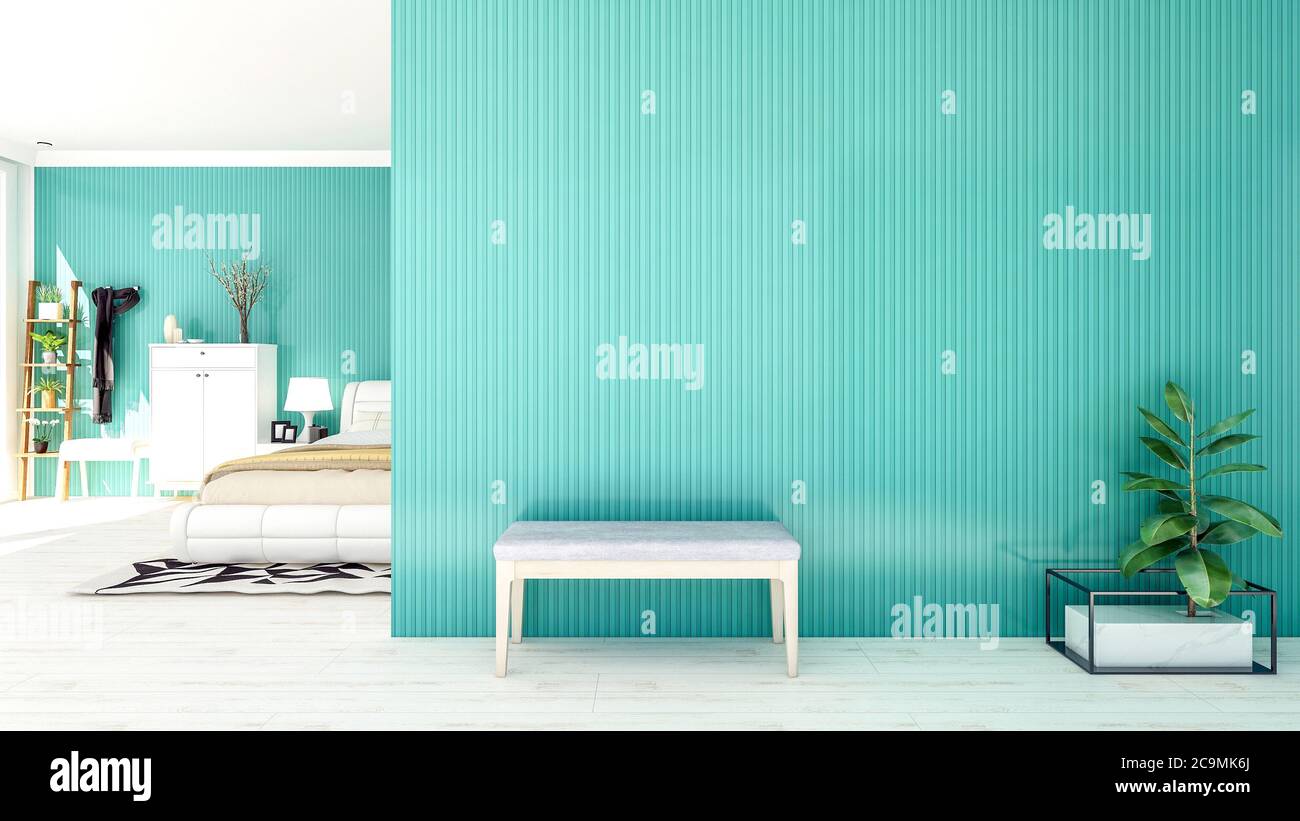 Nordic style bedroom interior with large empty wall and copy space, 3D Rendering Stock Photo