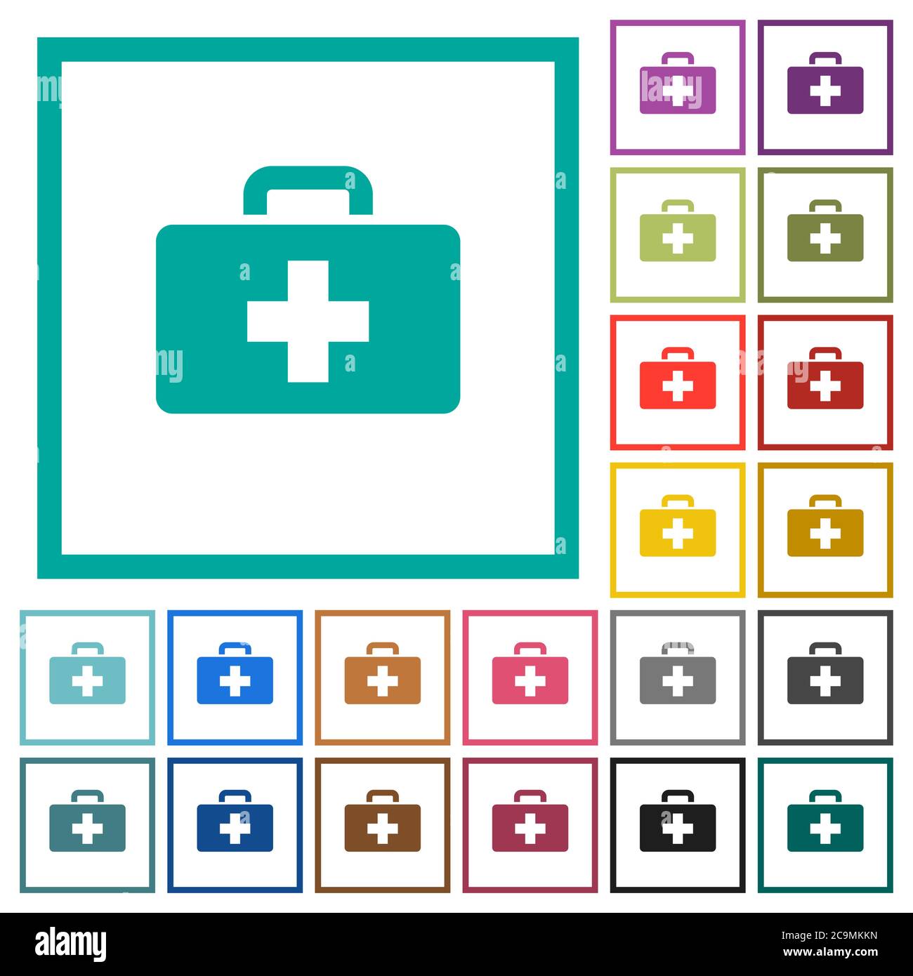 First aid kit flat color icons with quadrant frames on white background Stock Vector