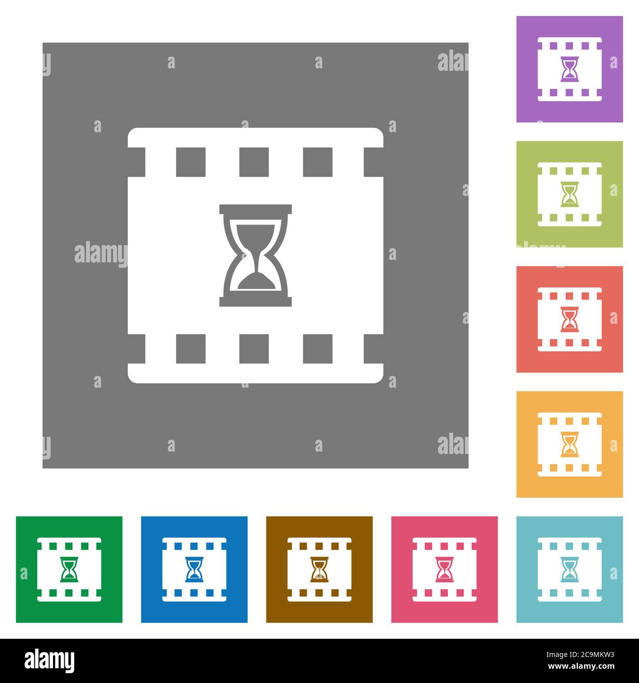 Movie processing flat icons on simple color square backgrounds Stock Vector