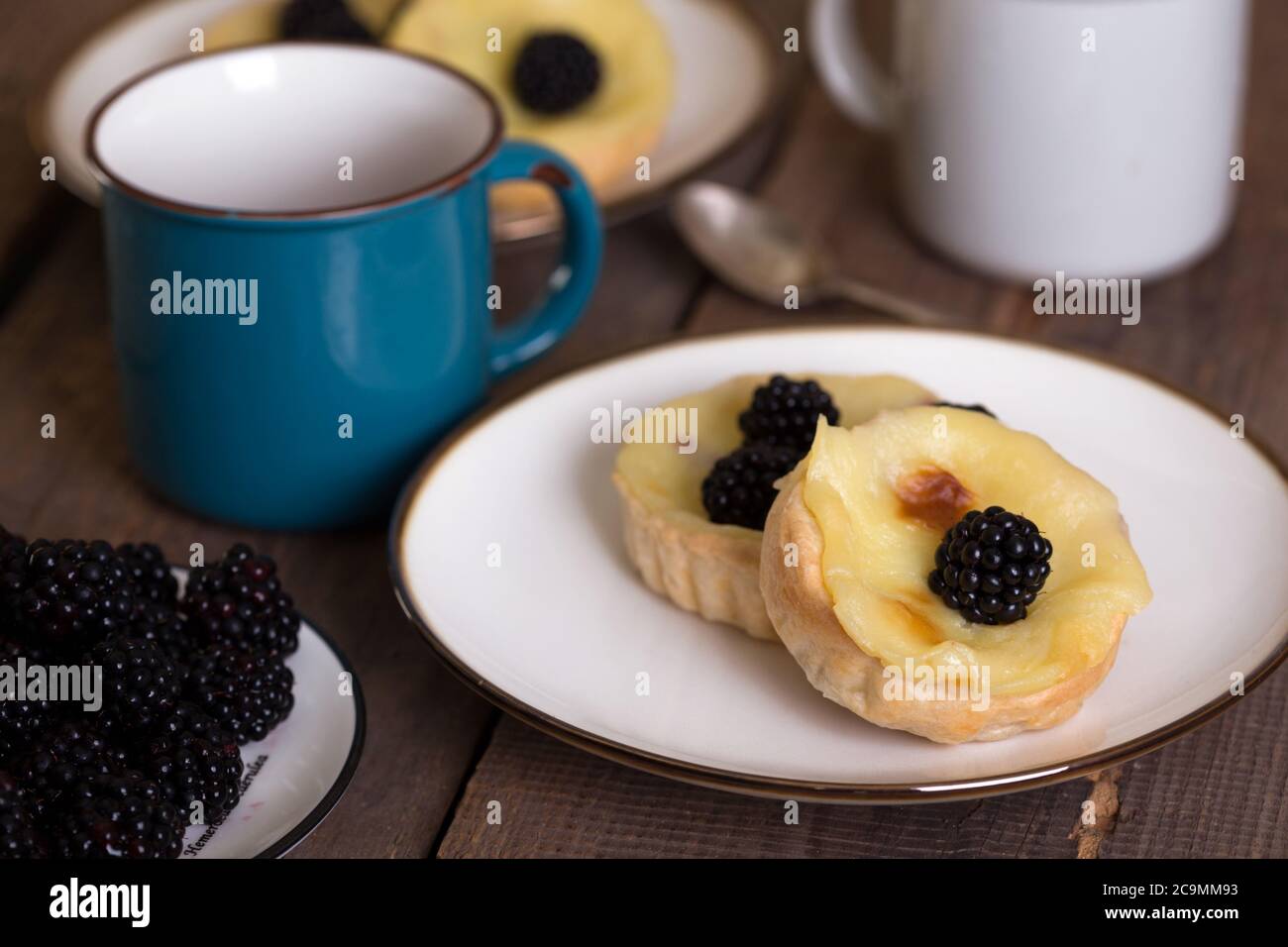 Pastel de nata famous portuguese cake with blackberries Stock Photo Alamy