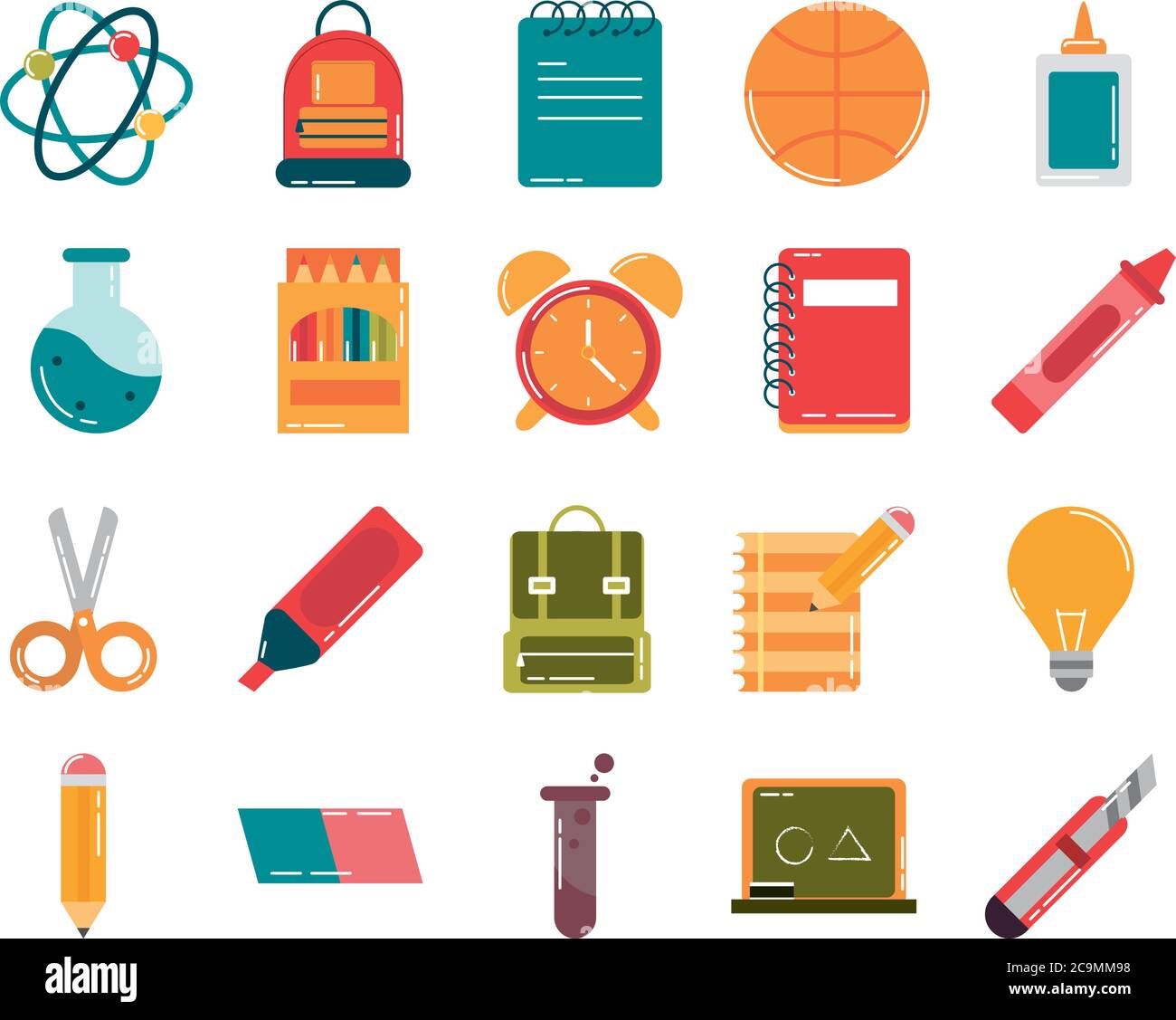 school education supply class stationery flat style icons set vector ...
