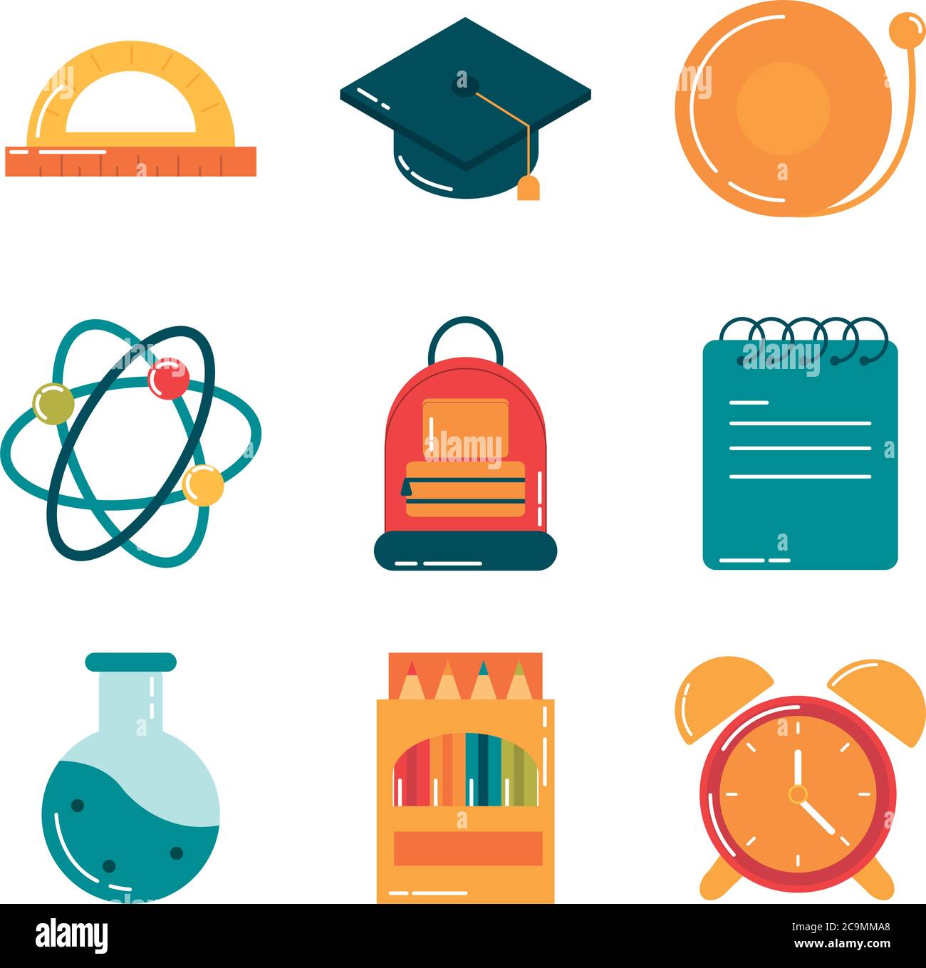 school education supply class stationery flat style icons set vector ...