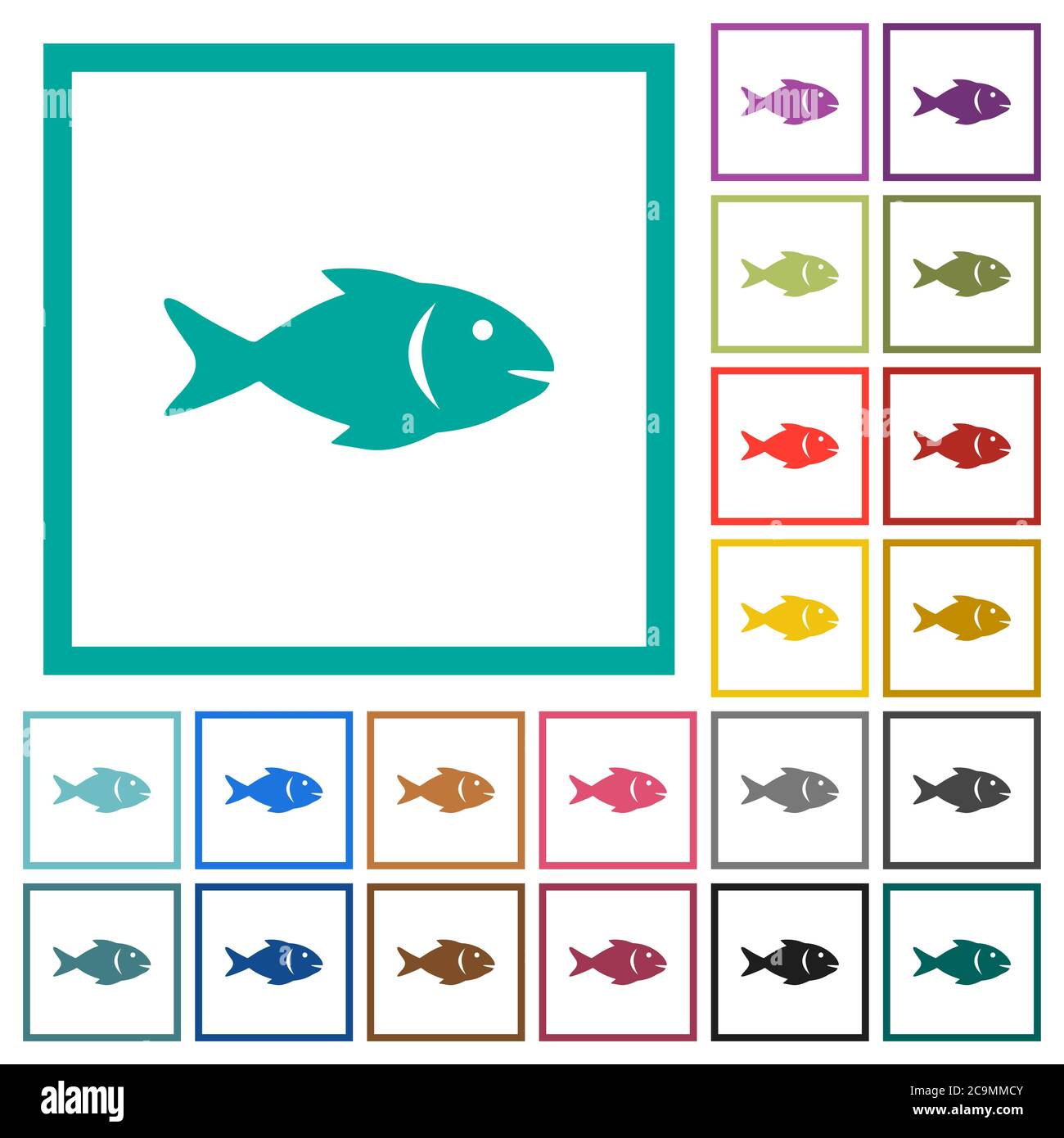 Fish flat color icons with quadrant frames on white background Stock Vector