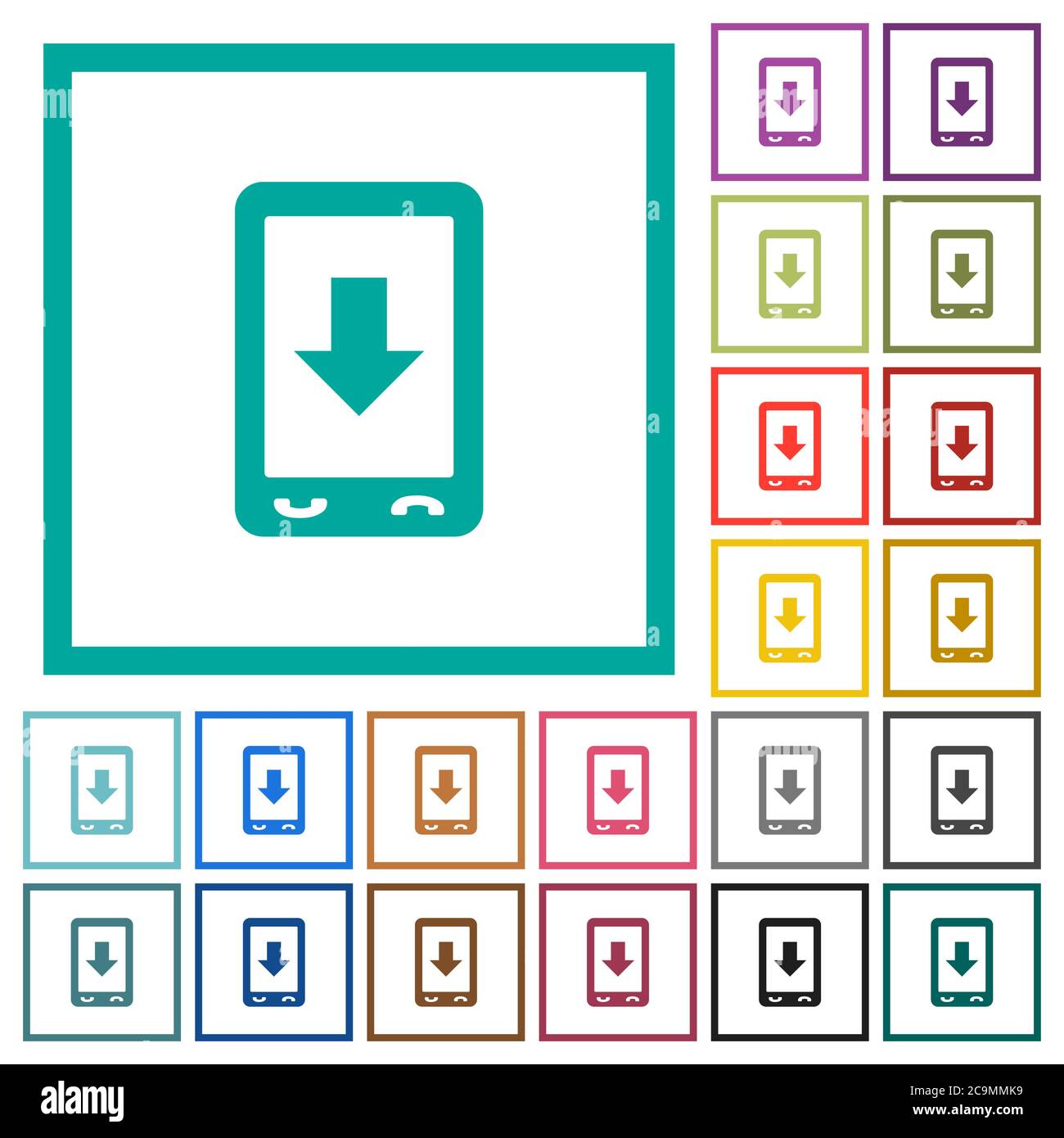 Mobile scroll down flat color icons with quadrant frames on white background Stock Vector