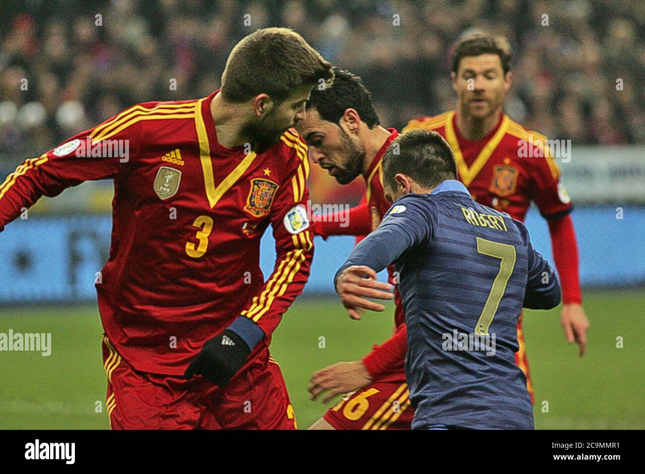 Franck Ribery , Gerard Pique and Sergio Busquets during the Qualification  Coupe du Monde 2014 France - Espagne 2013,on March 26 2013 in Stade de  France, France- Photo Laurent Lairys / DPPI Stock Photo - Alamy
