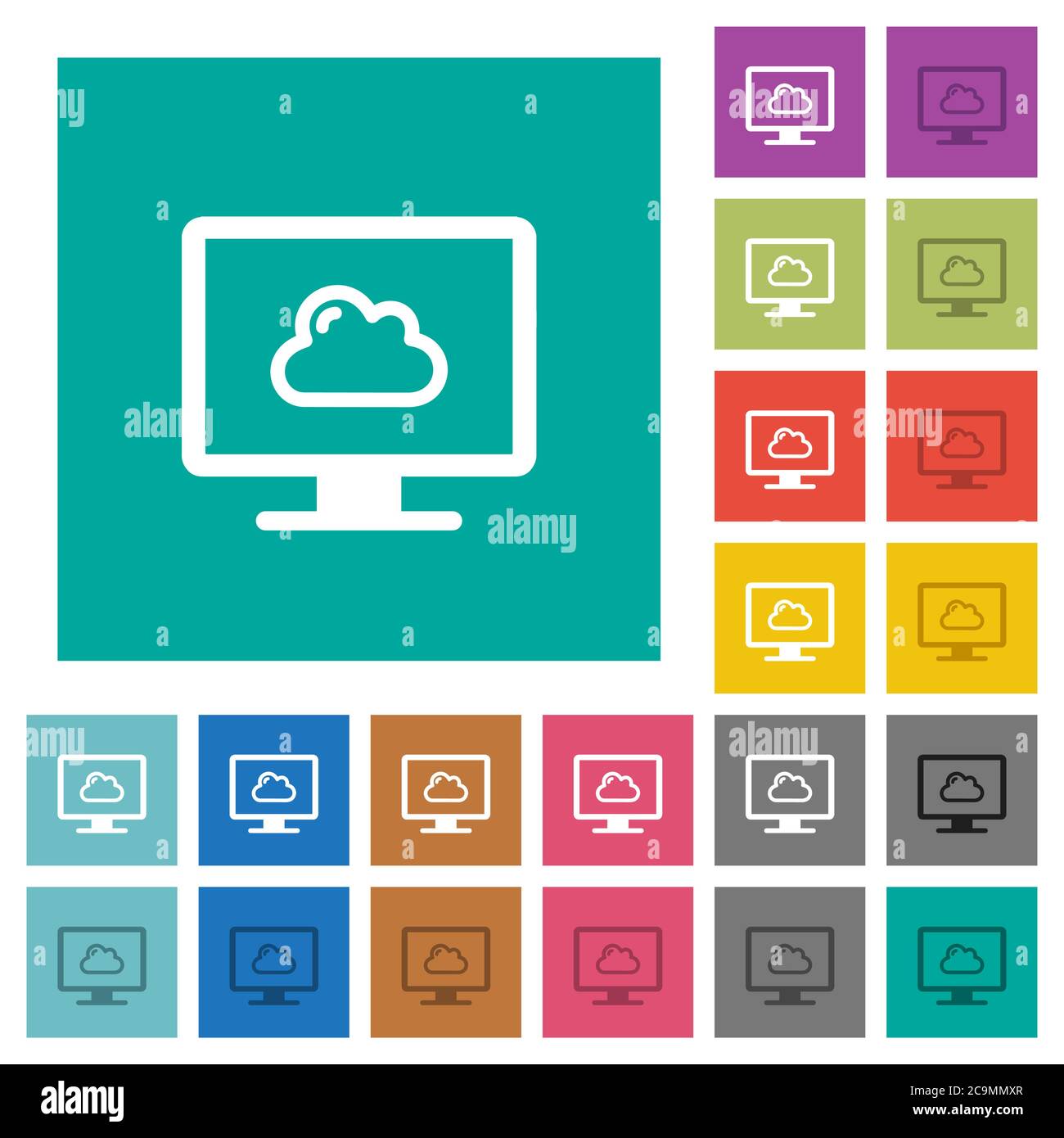 Cloud computing multi colored flat icons on plain square backgrounds. Included white and darker icon variations for hover or active effects. Stock Vector