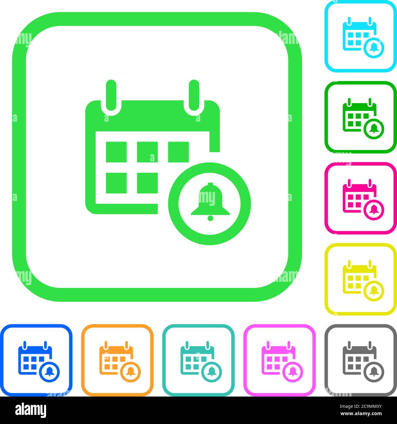 Calendar alarm vivid colored flat icons in curved borders on white background Stock Vector