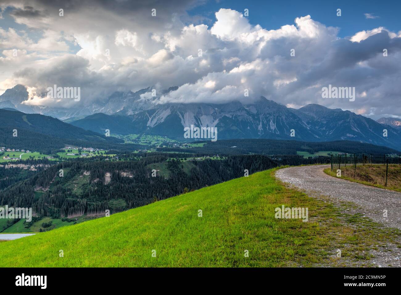 Dachstein mountain and summer valley views from Rohrmoos-Untertal, Austria. Rohrmoos-Untertal is a rural district known as a winter sports resort. Stock Photo