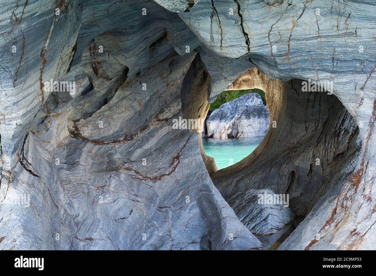 Marble Caves Sanctuary, Strange rock formations caused by water erosion, General Carrera Lake, Puerto Rio Tranquilo, Aysen Region, Patagonia, Chile Stock Photo