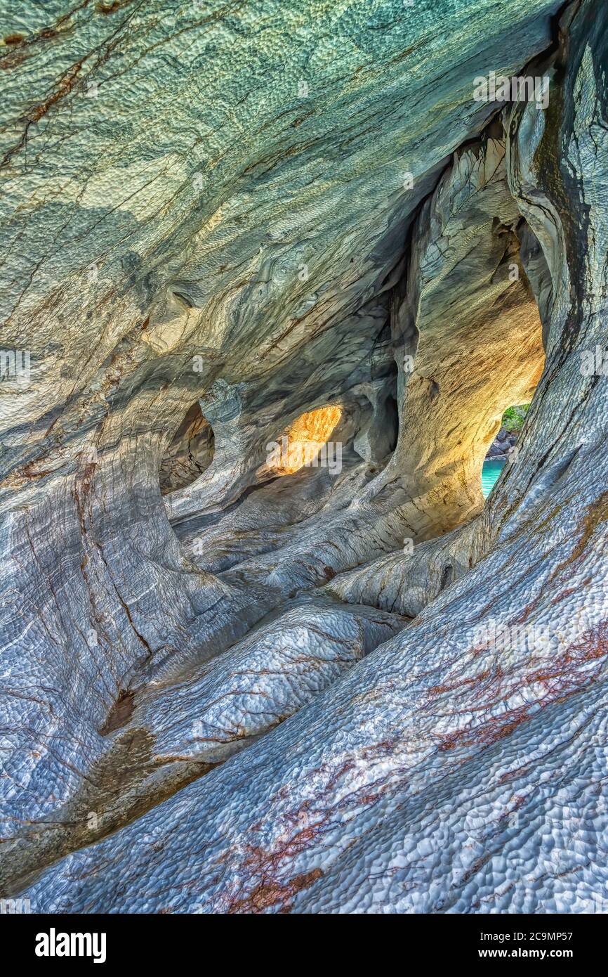 Marble Caves Sanctuary, Strange rock formations caused by water erosion, General Carrera Lake, Puerto Rio Tranquilo, Aysen Region, Patagonia, Chile Stock Photo