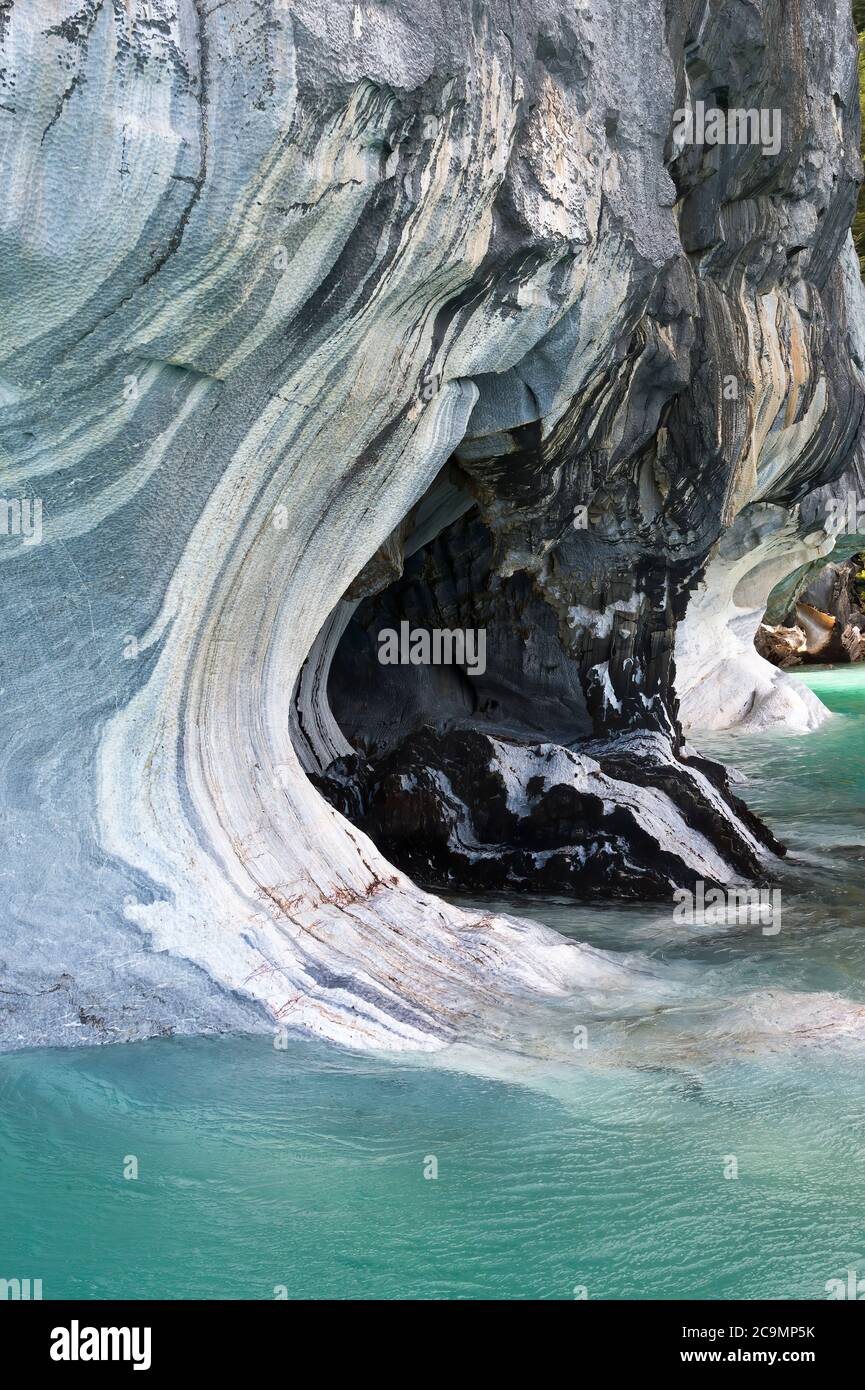 Marble Caves Sanctuary, Strange rock formations caused by water erosion, General Carrera Lake, Puerto Rio Tranquilo, Aysen Region, Patagonia, Chile Stock Photo