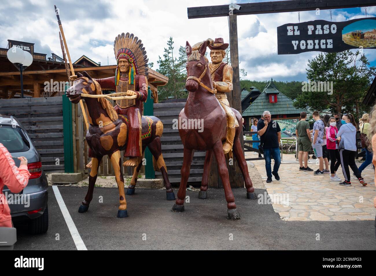 Zlatibor, Vodice, Serbia - July 26. 2020 entrance to the city of El Paso in wild west style and cowboy style. Western thematic park and travel concept Stock Photo