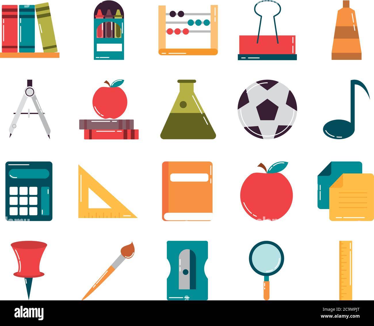 school education supply class stationery flat style icons set vector ...