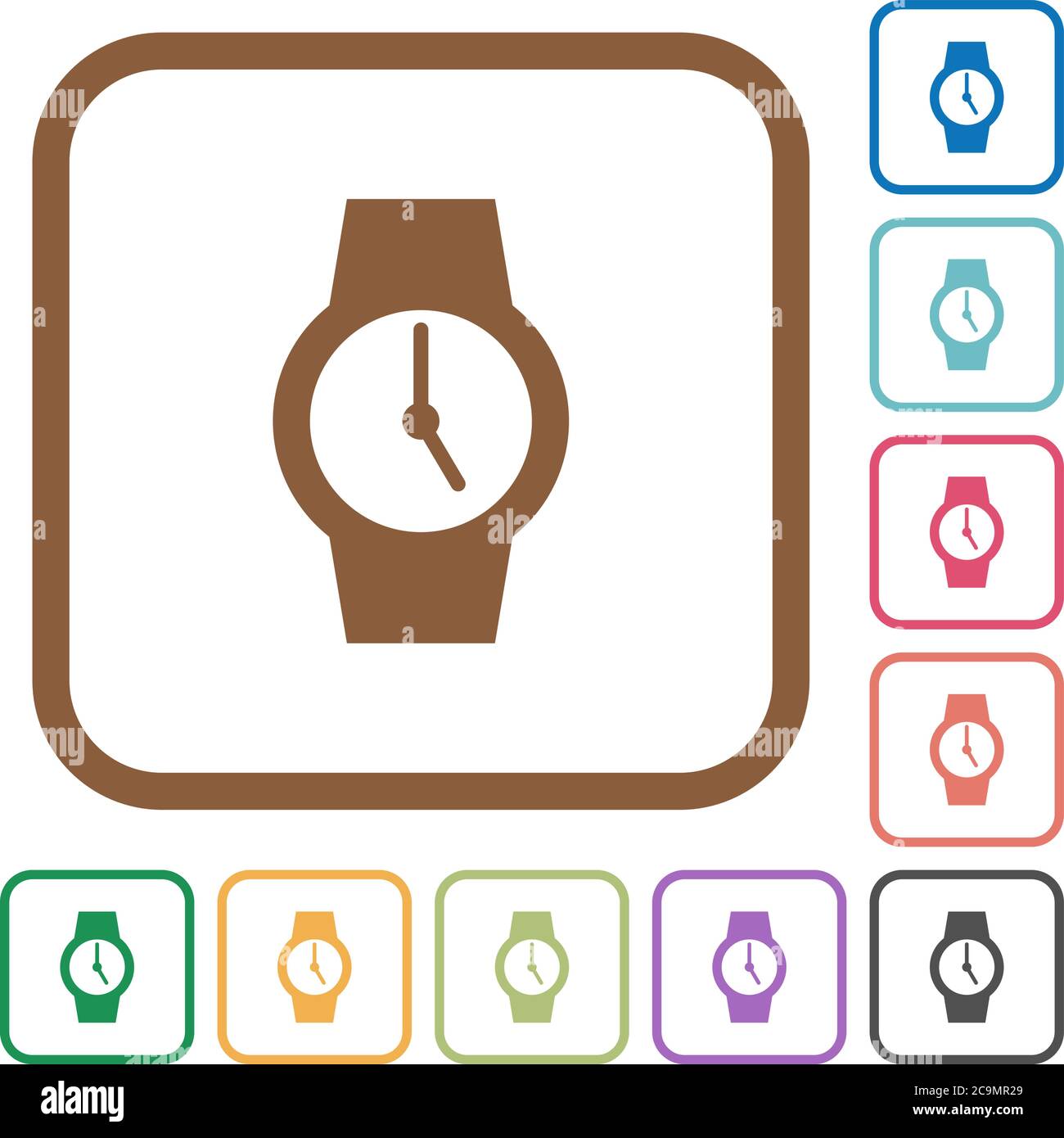 Watch simple icons in color rounded square frames on white background Stock Vector