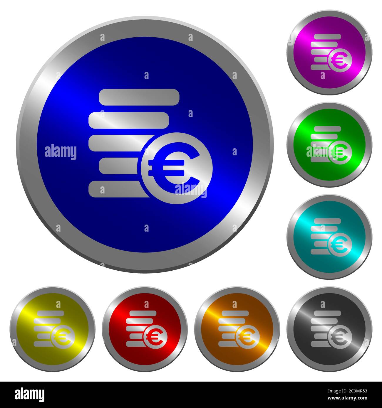 Euro coins icons on round luminous coin-like color steel buttons Stock ...