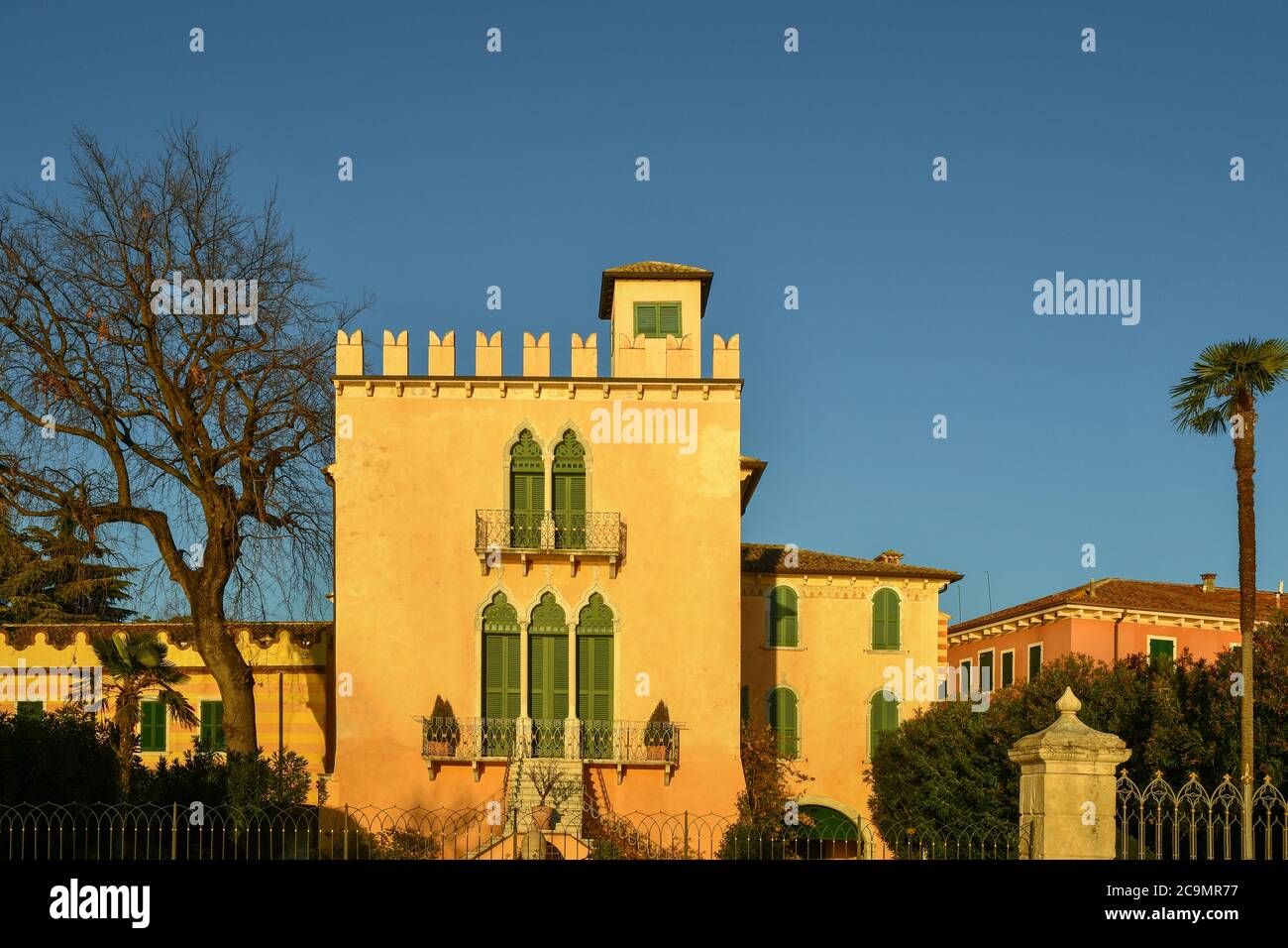 Facade of Villa Terzi-Cristanini, a noble residence in Gothic style on the lakefront of the old town, Bardolino, Lake Garda, Verona, Veneto, Italy Stock Photo