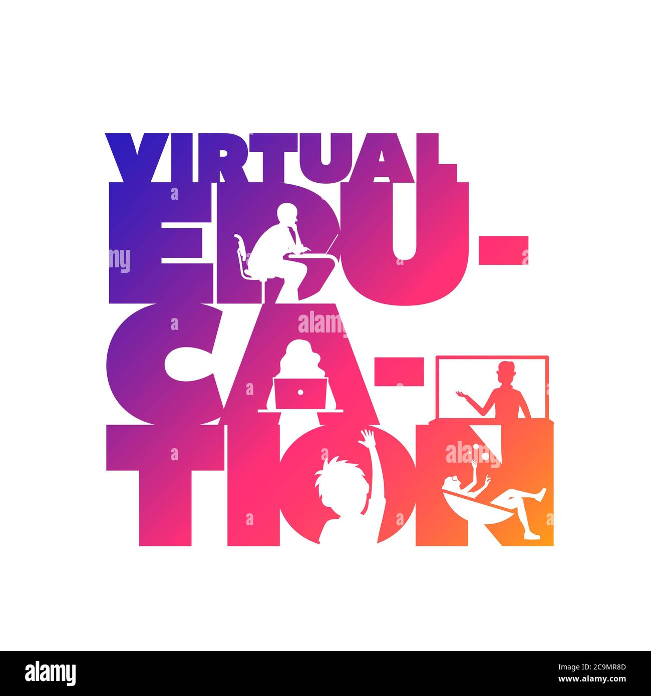 Virtual education concept typographic design vector. Silhouette students watching lesson, boy raises hand in the lesson. Stock Photo