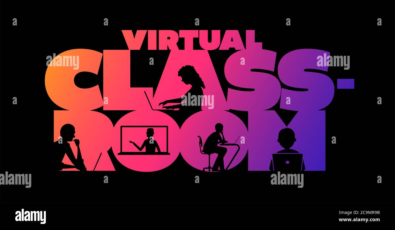 Virtual classroom concept typographic design vector. Silhouette ...