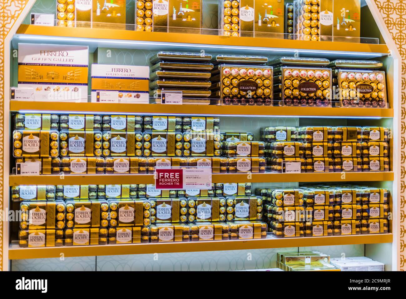 DOHA, QATAR FEB 28, 2020 Boxes of Ferrero Rocher premium chocolate sweets put up for sale in