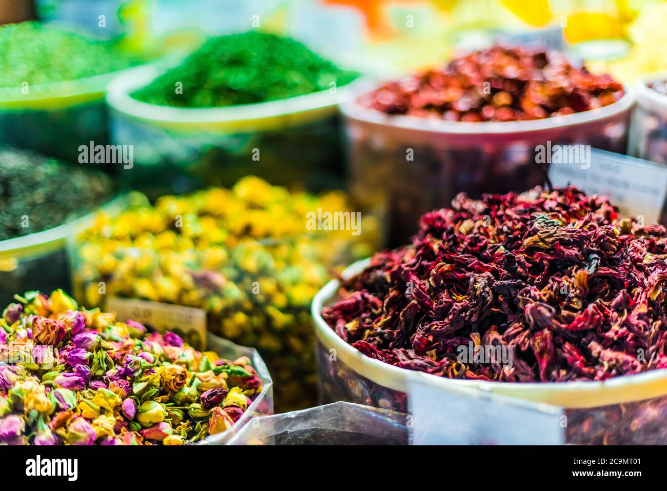 Variety of spices and herbs on the arab street market stall. Souq Waqif