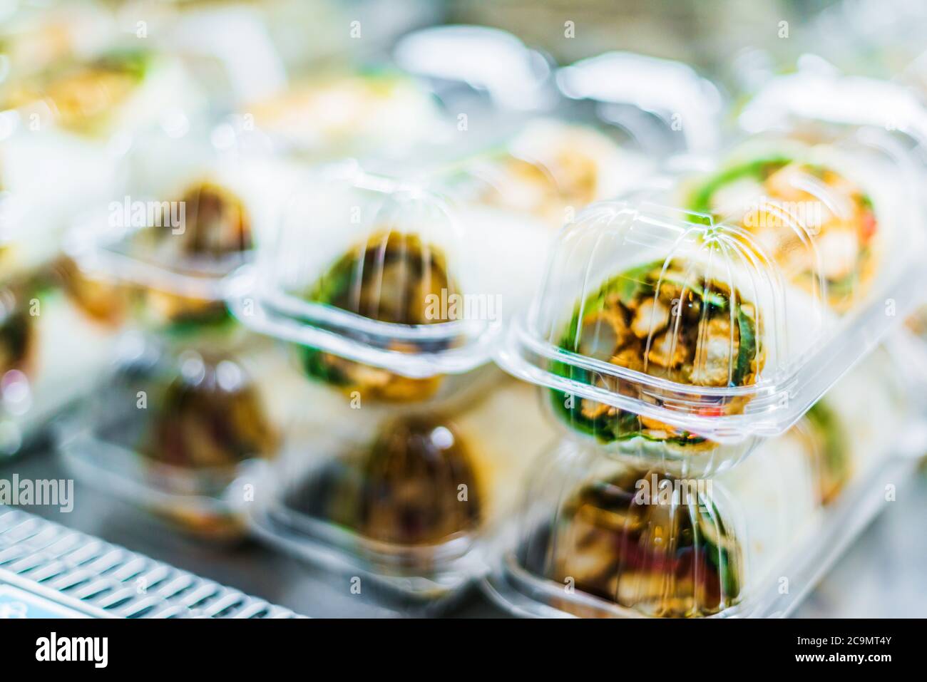 Pre-packaged sandwiches displayed in a commercial refrigerator Stock Photo