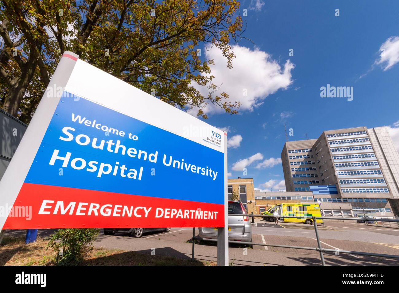 to Southend University Hospital entrance sign. Emergency