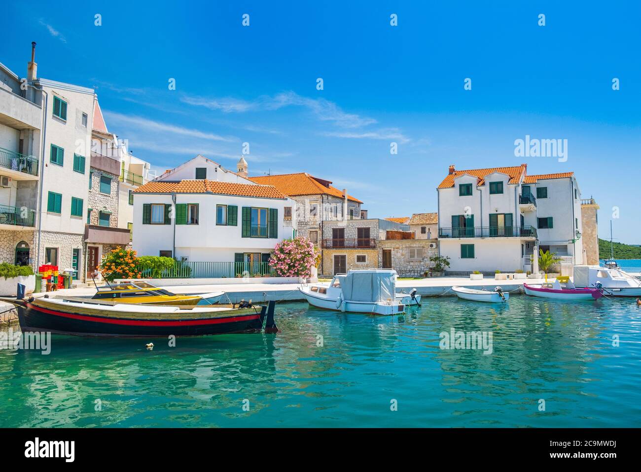 Boats in marina in old town of Pirovac on Adriatic coastline in Croatia, tourist destination Stock Photo