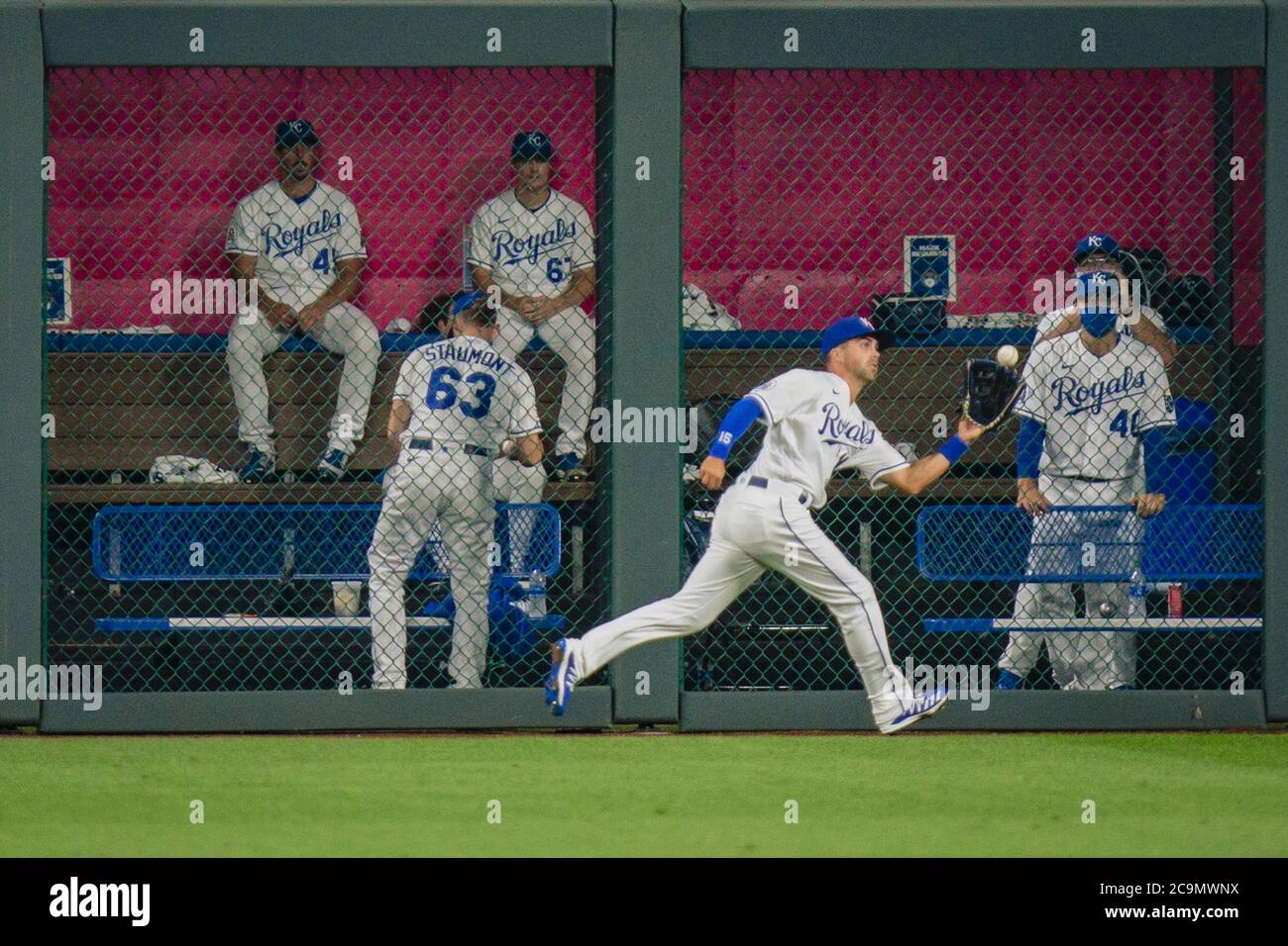 Kansas City, United States. 01st Aug, 2020. Kansas City Royals second baseman Whit Merrifield (15) catches a Chicago White Sox outfield hit during Opening Day at Kaufman Stadium in Kansas City, Missouri on Friday, July 31, 2020. Photo by Kyle Rivas/UPI Credit: UPI/Alamy Live News Stock Photo