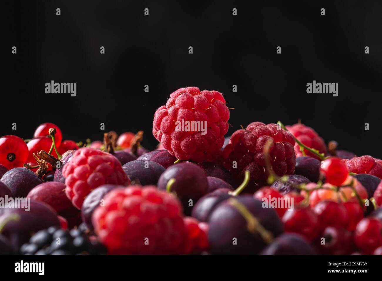 Tasty fresh ripe raspberry, blackberry, gooseberry and red currant berries, healthy food texture on black background, angle view macro Stock Photo