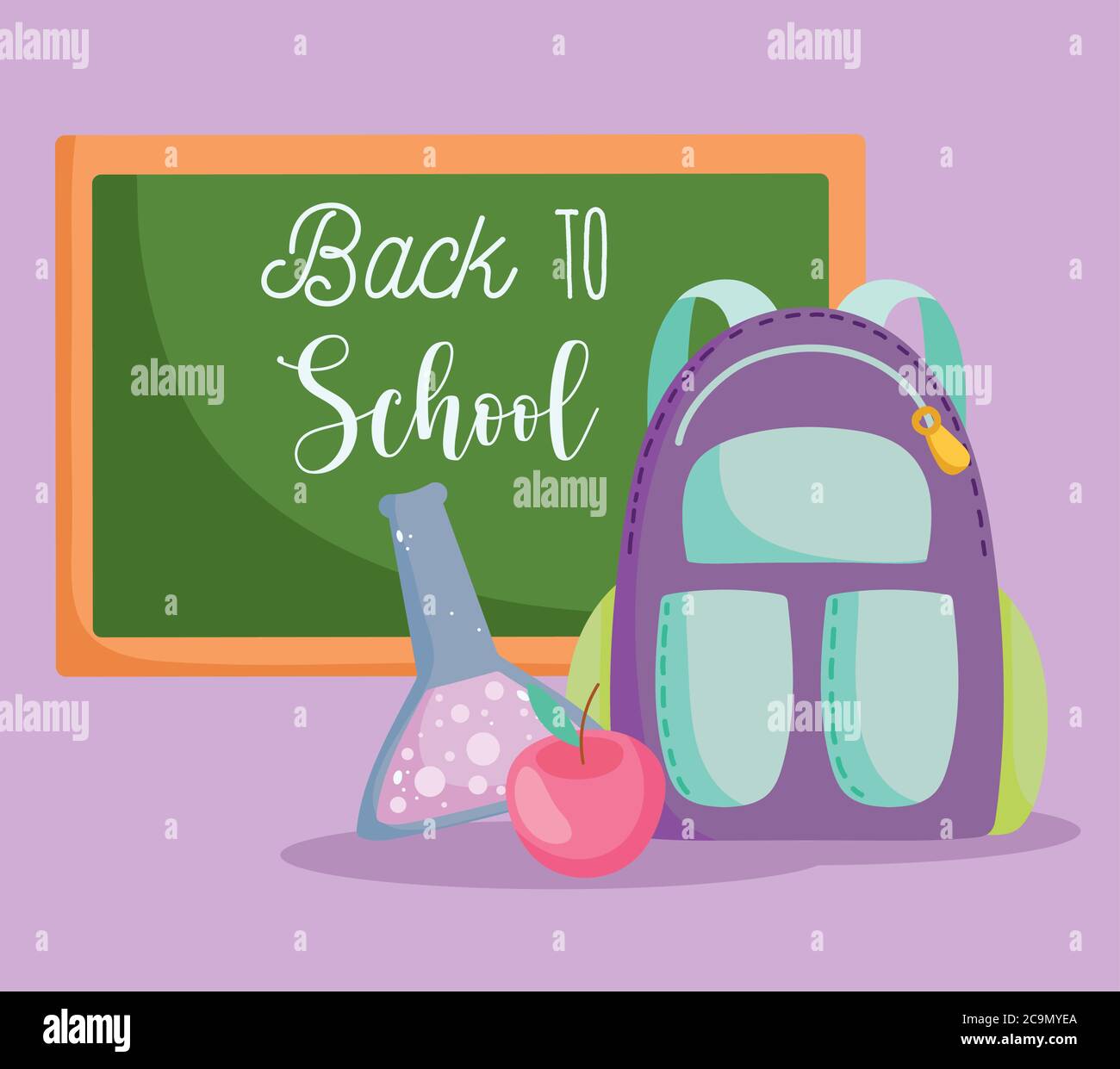 back to school, chalkboard backpack test tube and apple elementary